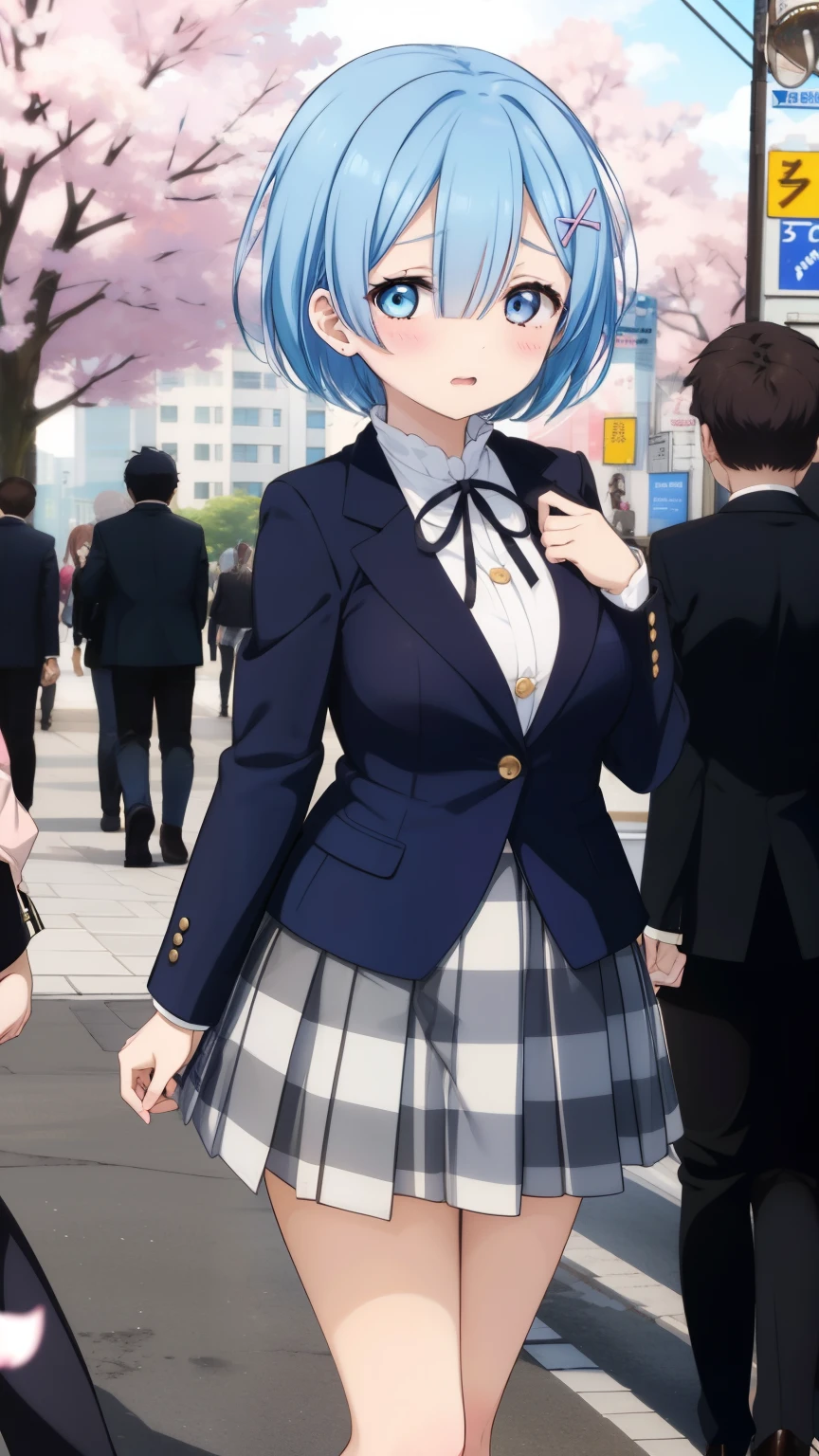Rem from Re:Zero、light blue hair、short hair、table top、High resolution、many girls multiple girls、large crowd、lots of cute girls、big and full breasts、naughty body、See-through、throw、、whole body、Are standing、Look up at me、confused face、blush、embarrassing、Excited、white breath、black pantyhose、The shape of a woman's private parts is clearly visible、I can see your nipples、white shirt、navy check skirt、micro mini skirt、very short skirt、Bento、Bento box、spring、Cherry blossom trees、SakuraFubuki、Many people々々々々々々、in the crowd、bare chest、show your chest、Upper 、A lot of milk comes out from the nipples、Breast milk gushes from the nipple、Cat ear、blazer jacket、high 、white shirt、Blue Gingham Check Skirt、bangs that cover one eye、pink hairpin、