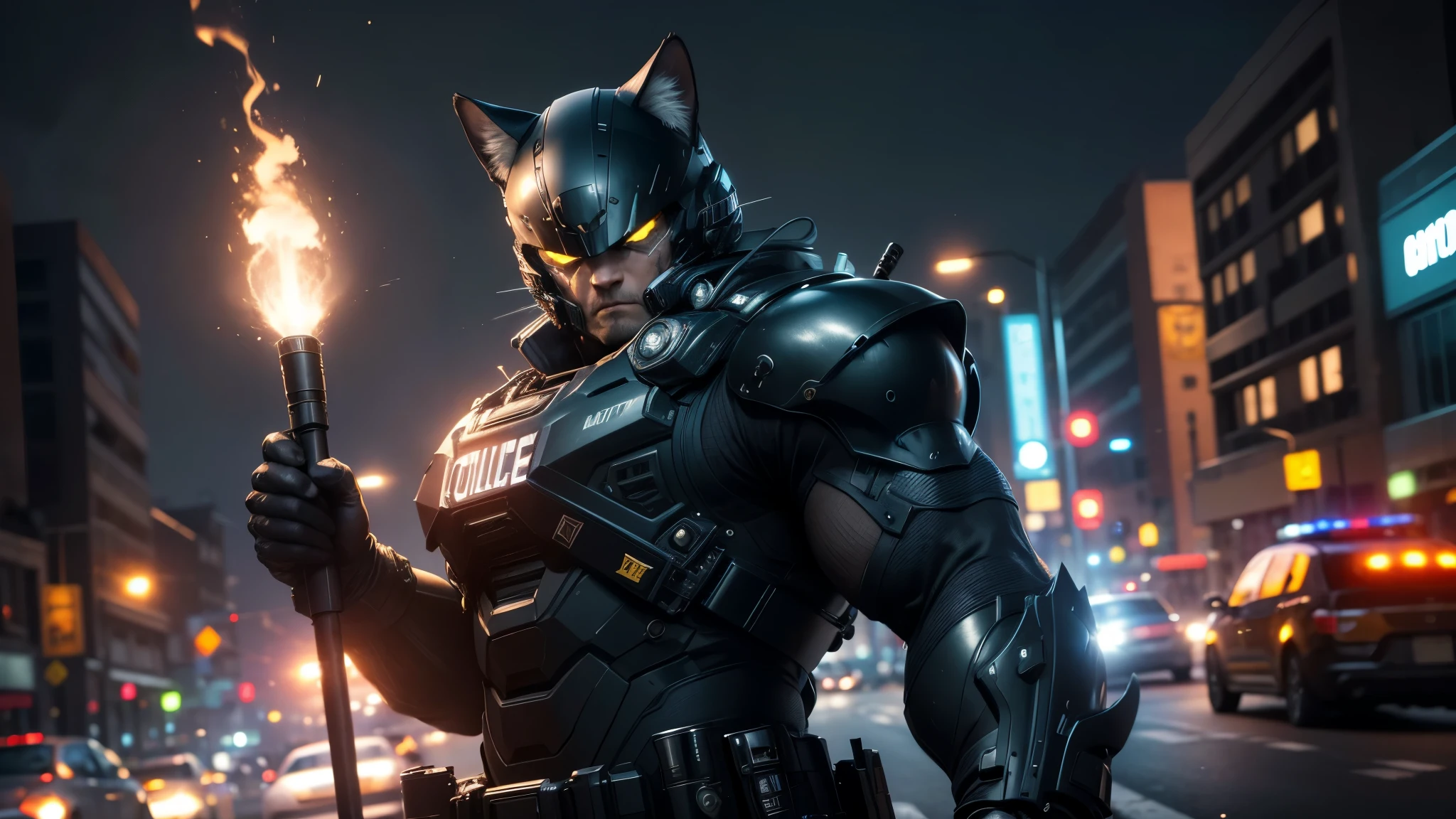good quality, ultra high resolution,masterpiece, 8K,(reality,detail)night,One with cat head,Sheriff in police uniform,Serious expression,White gloves,Patrolling the city streets,baton,whole body effect((from head to foot))