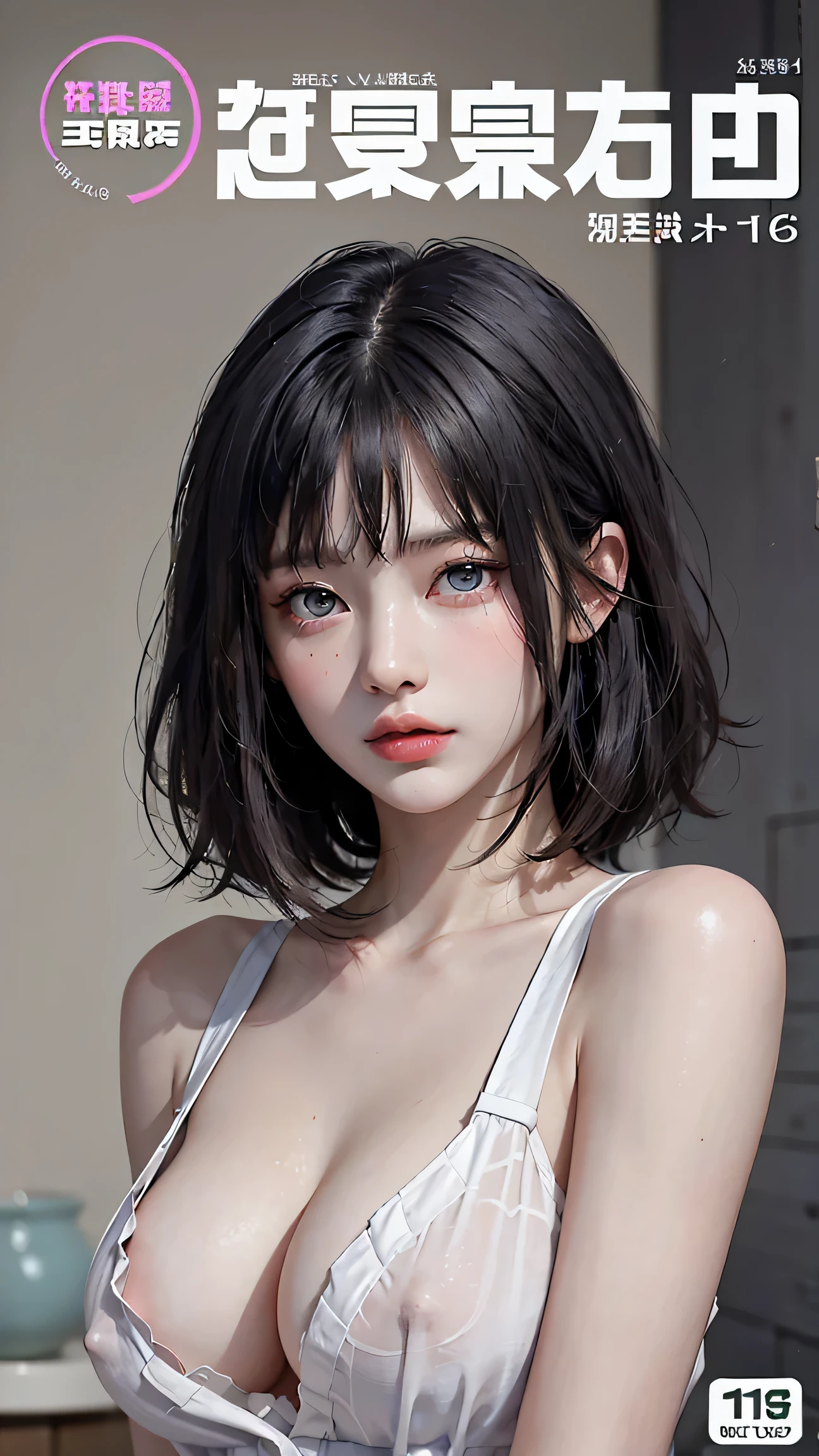 masterpiece, highest quality, 1 girl, (beautiful girl, RPG Maker:1.2), (:1.2), very good eye clarity, (symmetrical eyes:1.3), (hot spring, , cover 1'Steam on the body:1.3), (big breasts: 1.2), cleavage, gray hair, bob cut, purple eyes,thin waist,See-through,erect nipples,