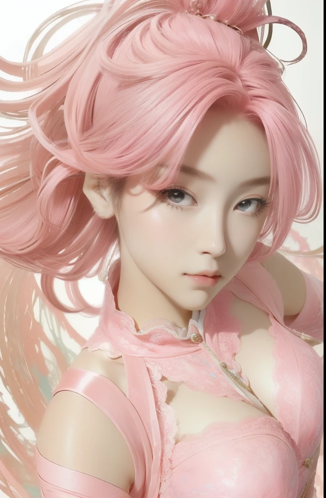 ((masterpiece:1.2, best quality)), super detailed, Super accurate depiction, super detailed的描绘, (Tangled:1.2), (dynamic poses), (abstract background:1.5), wavy long hair, pink hair, 1 lace girl, Pink transparent lace colorful, portrait, (from above:1.2)