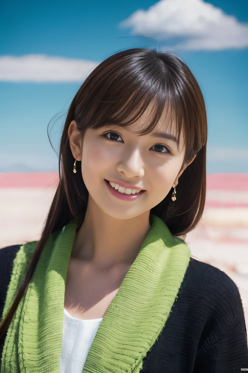 1 girl, (Wearing a bright green cardigan:1.2), very beautiful japanese actress,
(Raw photo, highest quality), (realistic, Photoreal:1.4), table top, 
very delicate and beautiful, very detailed, 2k wallpaper, wonderful, 
finely, very detailed CG Unity 8K 壁紙, Super detailed, High resolution, soft light, 
beautiful detailed girl, very detailed目と顔, beautifully detailed nose, finelyて美しい目, cinematic lighting, 
(Commemorative photo at Salar de Uyuni:1.4), 
complete anatomy, slender body, small, smile,
pan focus