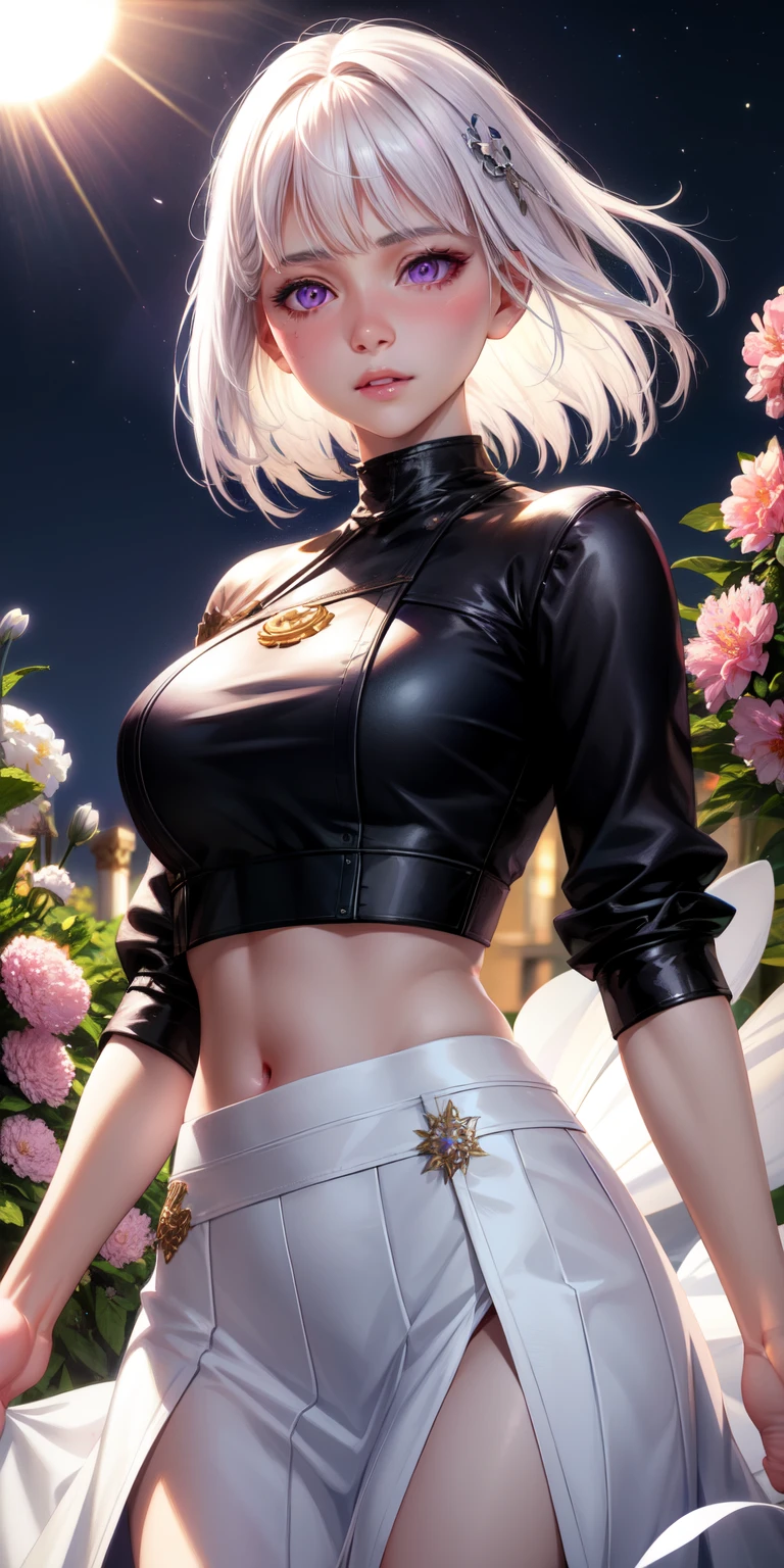 realistic, 1girl, white hair, purple eyes, glowing eyes, crop top, skirt, parted lips, blush, night, flowers, sun, sunlight,