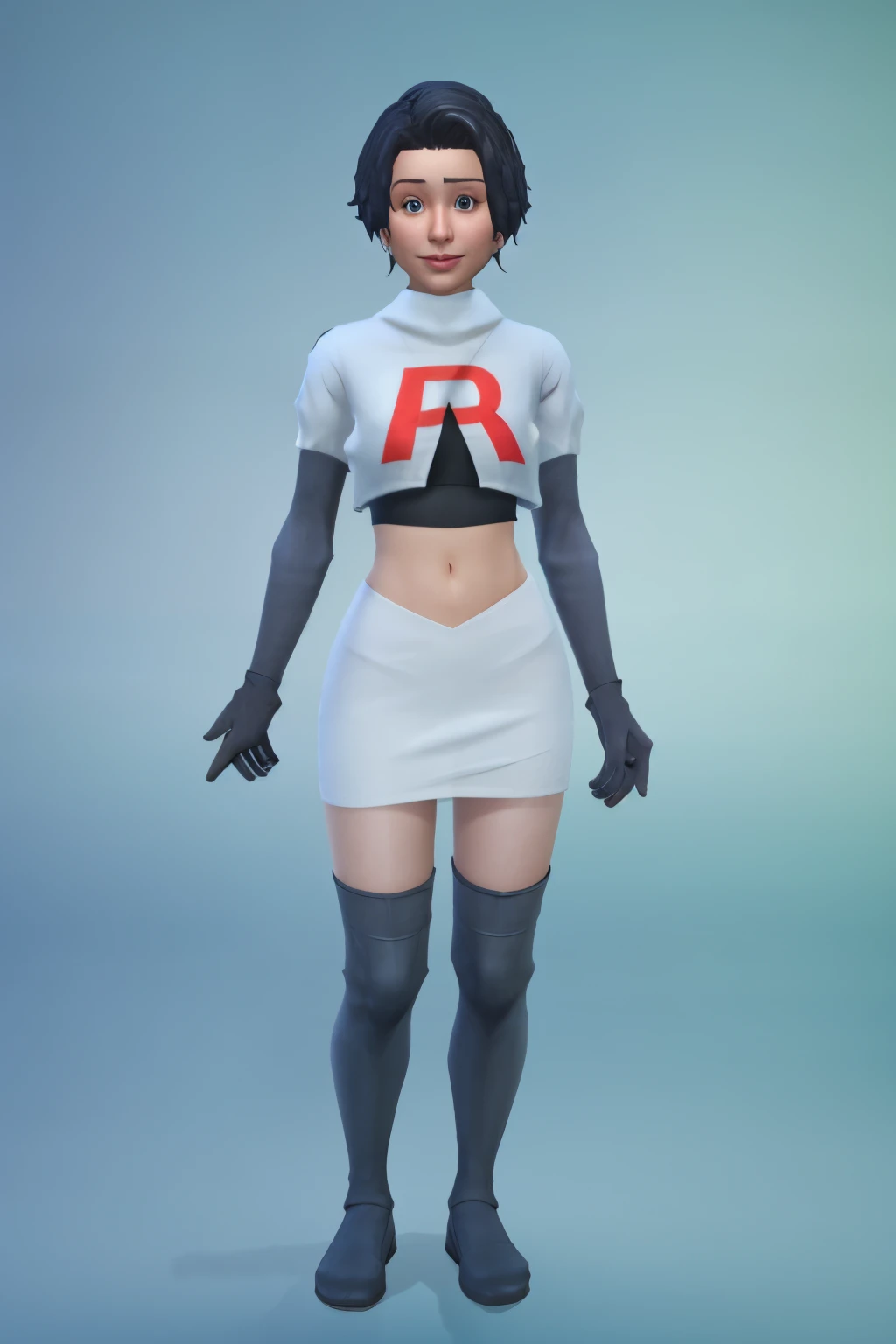 simscas, front view, a woman standing, white skin, european, fit, flat background, outfit-me, team rocket,team rocket uniform, red letter R, white skirt,white crop top,black thigh-highs,black elbow gloves