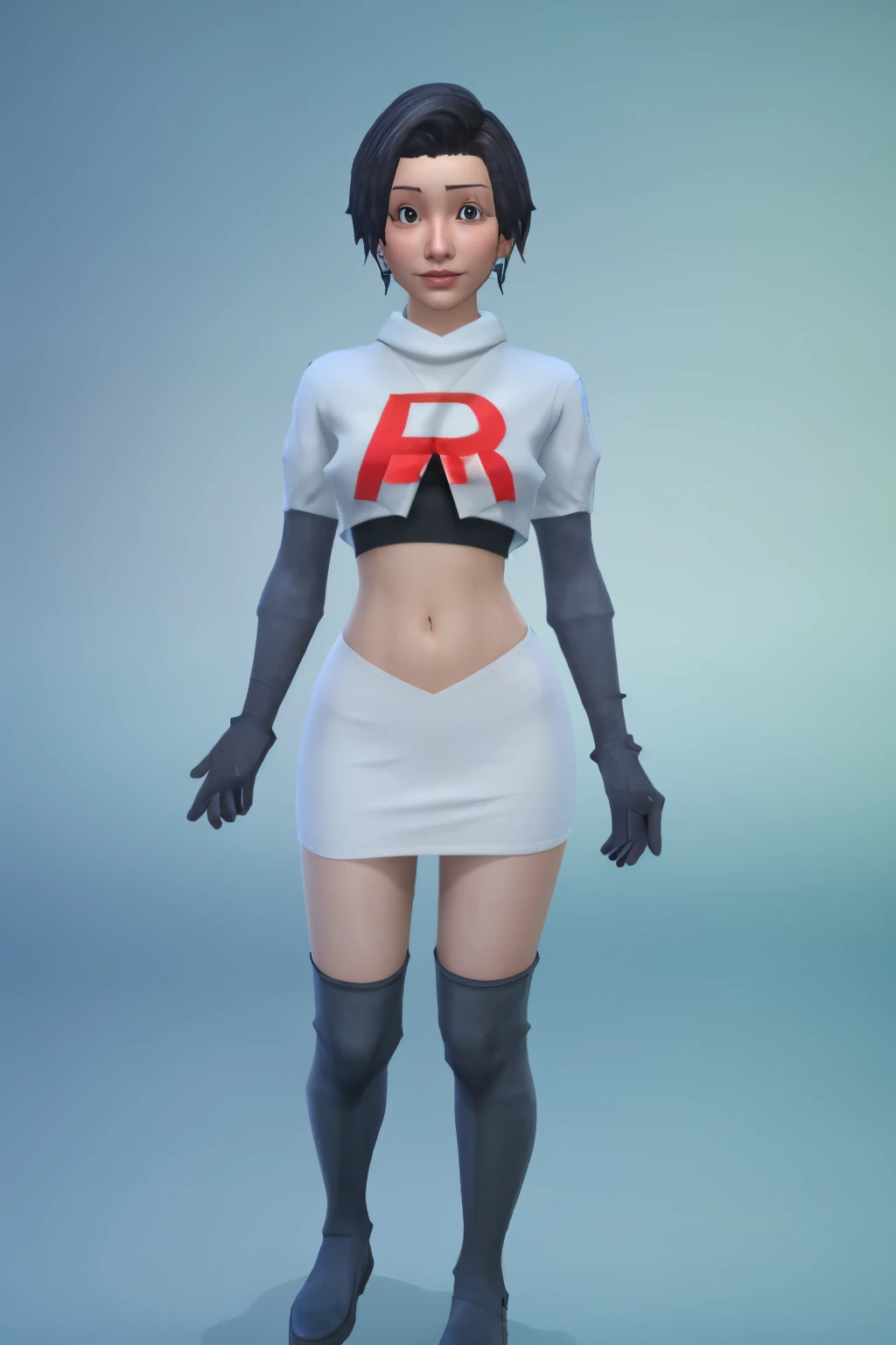 simscas, front view, a woman standing, white skin, european, fit, flat background, outfit-me, team rocket,team rocket uniform, red letter R, white skirt,white crop top,black thigh-highs,black elbow gloves