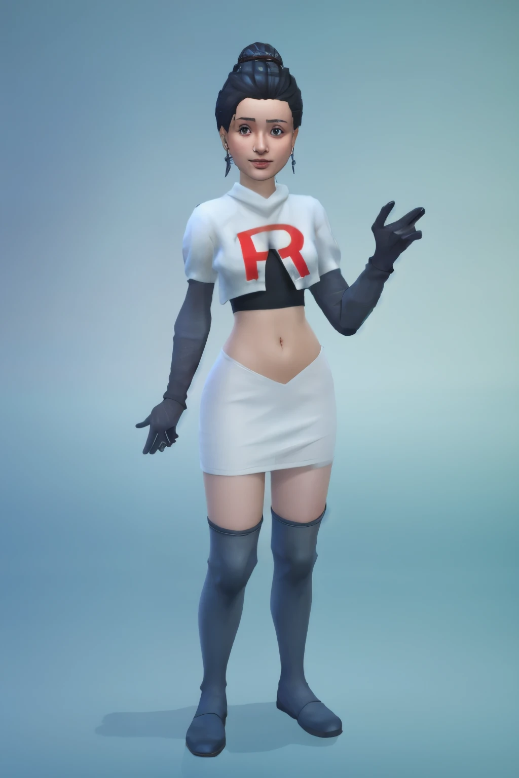 simscas, front view, a woman standing, white skin, european, fit, flat background, outfit-me, team rocket,team rocket uniform, red letter R, white skirt,white crop top,black thigh-highs,black elbow gloves