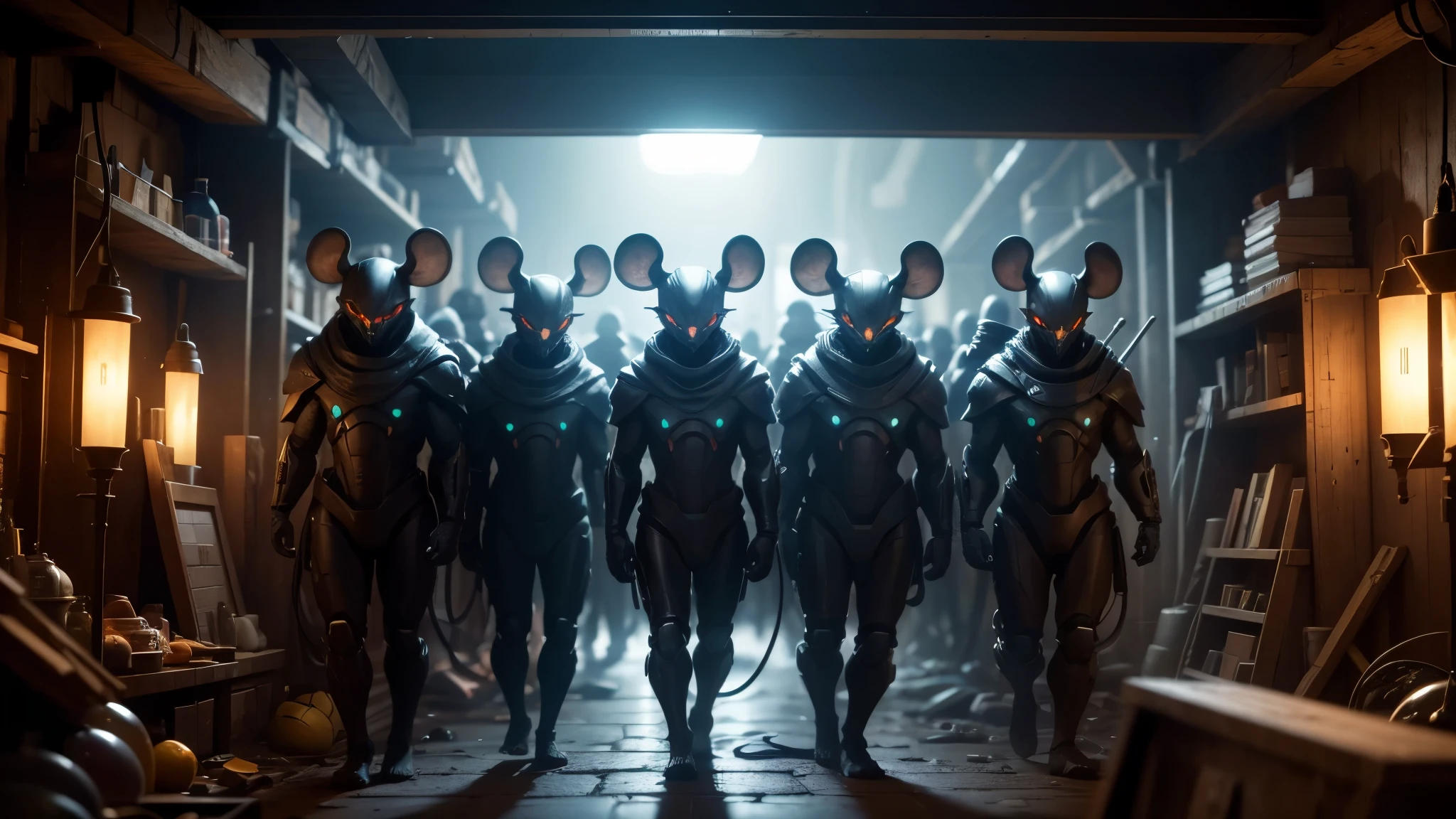 good quality, ultra high resolution,masterpiece, 8K,(reality,detail)night,Many with mouse heads,Bandits,Meet in the basement,Lined up,whole body effect((from head to foot))