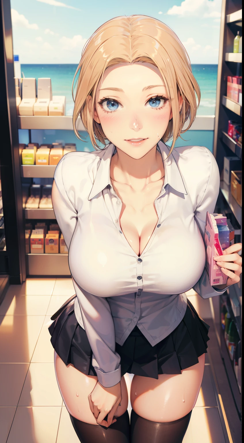 (be familiar with, masterpiece, highest quality, Complex),

cowboy shot, Kyoka Tachibana,

big breasts, 
1 girl, alone, At a convenience store,
cute eyes, beautiful face, perfect round butt, 
fit and body, female pervert,

The jacket is a cute thin shirt, Cleavage is exposed, Beautiful woman in a white shirt and miniskirt, super mini tight skirt, smile, 

black high-heels, Thighhighs, black_leg wear,

early teens, alone, pale skin,
blue eyes, ((beautiful mature woman)),
no_bar,

enchanting smile, naughty face, Sweat, vapor, embarrassed, blush, Excited, (spoken heart),

Are standing, Best Sexual Poses, cover the crotch,

(At a convenience store), Near the Ocean shore, (window, Ocean, null, cloud, Day), summer, indoor, perspective, bright lighting, Shelves with many products displayed, white wall,