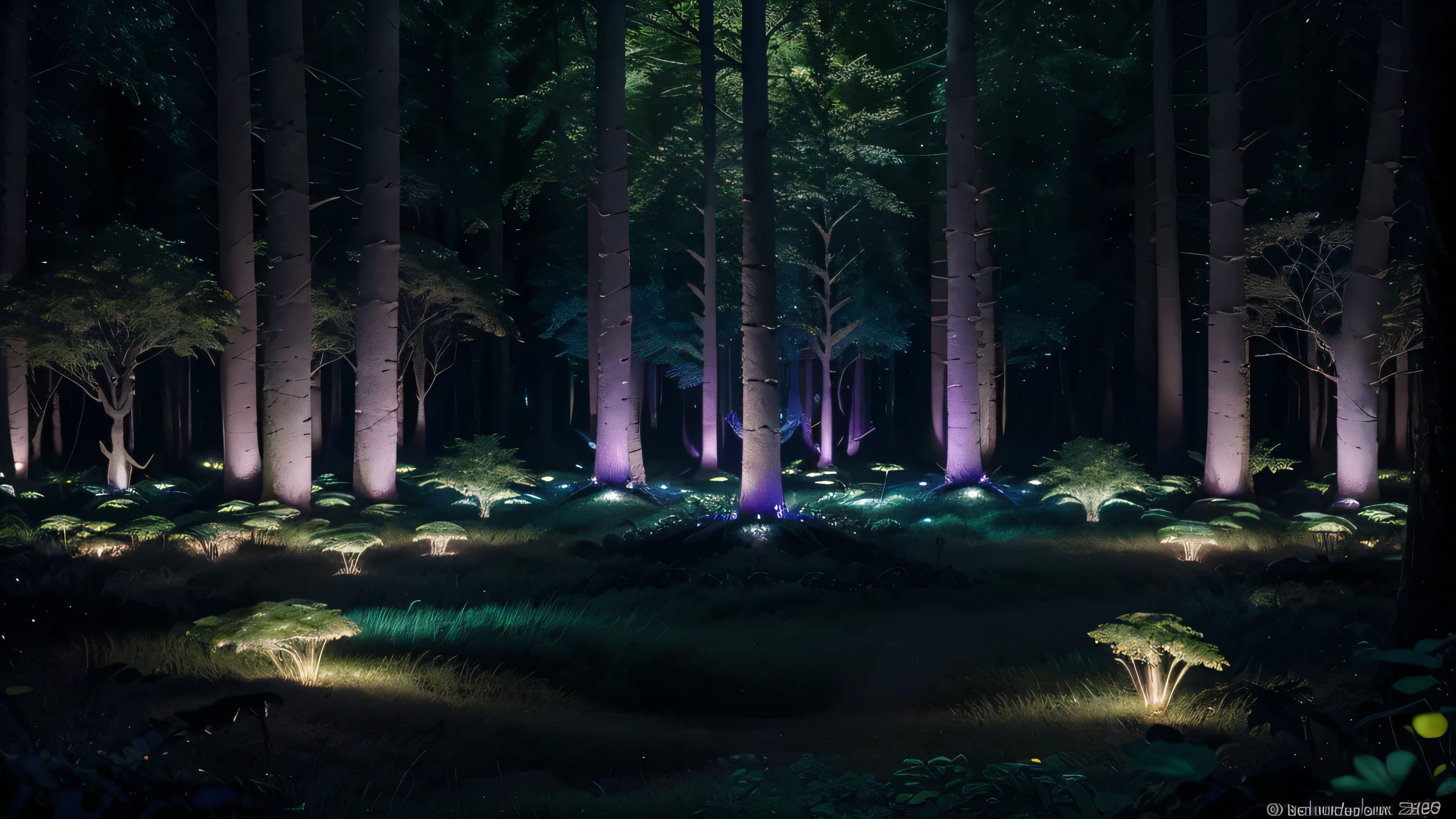 Design an image capturing a breathtaking overlook within a bioluminescent night forest, as seen in the movie Avatar. From a high vantage point, the viewer gazes down upon an endless expanse of glowing forest, with intertwined trees that light up the night in blues, greens, and purples. The perspective allows for a view of both the intricate forest floor below and the magnificent, illuminated canopy above. Small creatures with their own glow add a dynamic sparkle to the scene, making the forest seem alive with movement and magic.