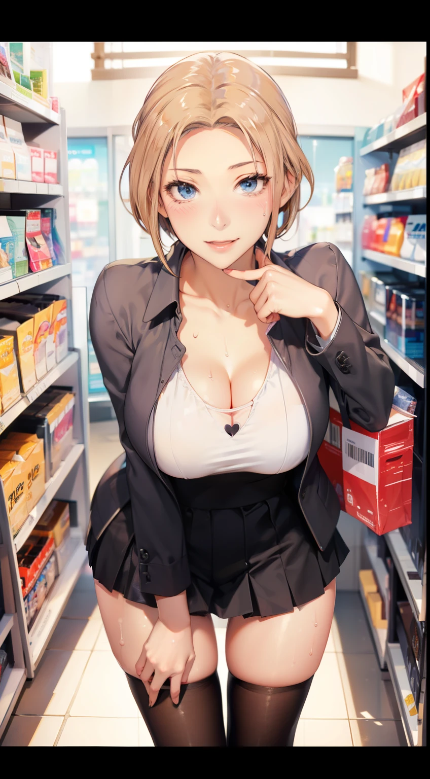 (be familiar with, masterpiece, highest quality, Complex),

cowboy shot, Kyoka Tachibana,

big breasts, 
1 girl, alone, At a convenience store,
cute eyes, beautiful face, perfect round butt, 
fit and body, female pervert,

The jacket is a cute thin shirt, Cleavage is exposed, Beautiful woman in a white shirt and miniskirt, super mini tight skirt, smile, 

black high-heels, Thighhighs, black_leg wear,

early teens, alone, pale skin,
blue eyes, ((beautiful mature woman)),
no_bar,

enchanting smile, naughty face, Sweat, vapor, embarrassed, blush, Excited, (spoken heart),

Are standing, Best Sexual Poses, cover the crotch,

(At a convenience store), Near the Ocean shore, (window, Ocean, null, cloud, Day), summer, indoor, perspective, bright lighting, Shelves with many products displayed, white wall,