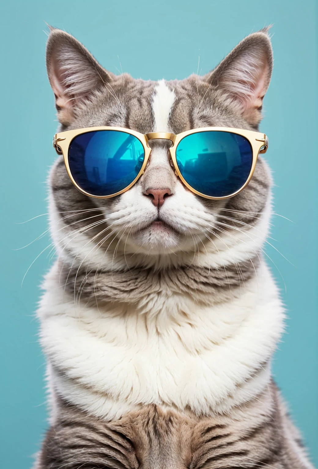A cat with cool sunglasses, sunglasses reflection, ultra realistic, clean background, simple background, face close up, focus face, portrait, black bow tie on neck, elegant, fancy, close up face