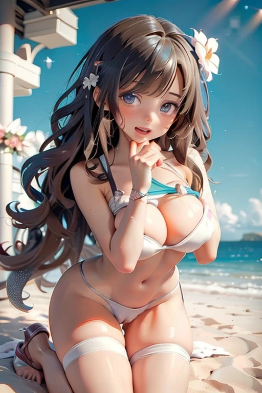 (masterpiece:1.2, best quality), (finely detailed beautiful eyes: 1.2), ((1girl)), ((solo)), (finely detailed eyes and detailed face:1.3), (scenery:1.2), (extremely detailed CG, ultra-detailed, best shadow:1.1), ((depth of field)), beautiful concept illustration, (illustration:1.1), (extremely fine and beautiful:1.1), (perfect details:1.1), sexy genital pose gesture、cheeky pose、(putting fingertips on lips),(with sparkling eyes and a contagious smile),((undressing in front of an viewer, erotically standing on knee, capturing the moment when her clothes are lowered and she caresses herself, caressing breast or erotically licking her finger, while caresiing cute eyes, open mouth or parted lips)) White skin that emphasizes transparency, crisp eye makeup, ruddy blush, thick natural parallel eyebrows, Light brown hair, long hair, soft curly hair, smile, wet skin, sweat, Floral bikini swimsuit, o-ring bikini, beautiful sky, beautiful sea, cloud, sun light, sitting, summer, beach, lens flare, shining, aureole mesmerizing eyes, luscious lips, shadowplay emphasizing beauty, artistic composition. (best quality, highres, masterpiece:1.2), ultra-detailed, (realistic:1.37) illustration, erotic style, soft lighting, sweat glistening on her body, gentle warmth, dark and mysterious, small breast,narrow waist,(with sparkling eyes and a contagious smile),her thin pubic hair, Realistic,((big breasts:0.9)),(((sports gym:1.2))),cleavage , (get sweaty), looking at viewer,