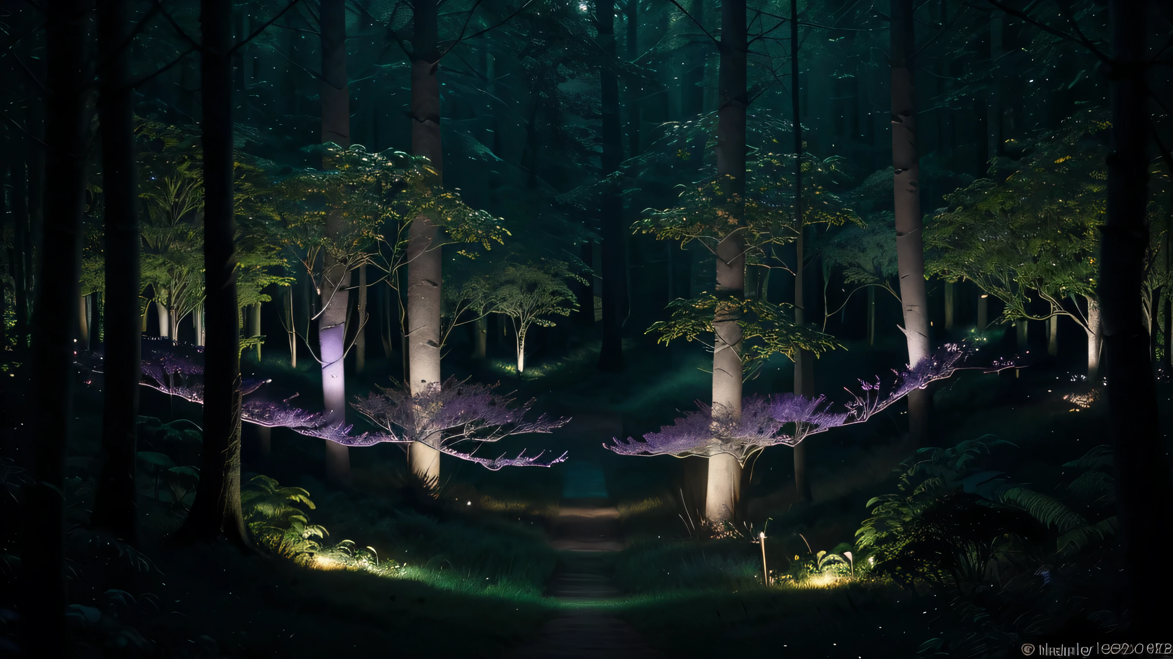Design an image capturing a breathtaking overlook within a bioluminescent night forest, as seen in the movie Avatar. From a high vantage point, the viewer gazes down upon an endless expanse of glowing forest, with intertwined trees that light up the night in blues, greens, and purples. The perspective allows for a view of both the intricate forest floor below and the magnificent, illuminated canopy above. Small creatures with their own glow add a dynamic sparkle to the scene, making the forest seem alive with movement and magic.