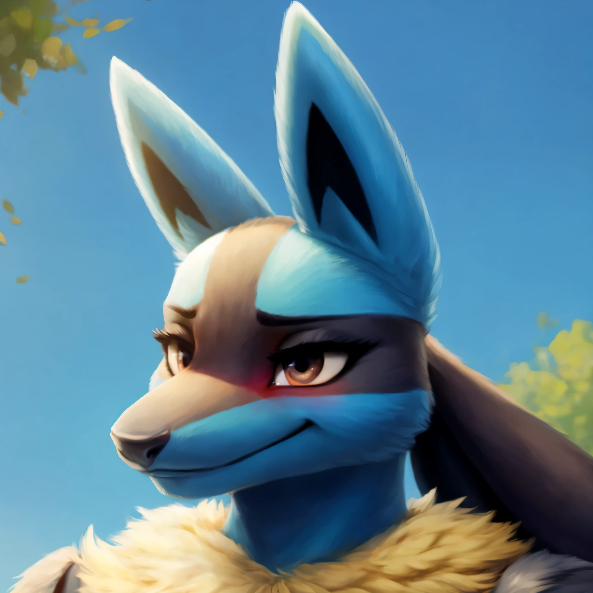 (best quality,ultra-detailed,realistic:1.37), lucario, dog snout, realistic, detailed face, striking eyes, glossy lips, beautiful makeup, flawless skin, expressive eyebrows, perfect lighting, long eyelashes, pouty lips, soft focus, vibrant colors, studio lighting,realistic,soft lighting,vibrant colors,delicate fur texture, blush, embarrassed expression, shy expression