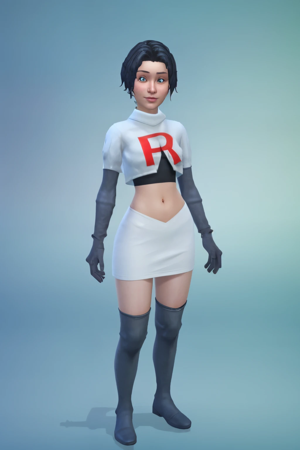 simscas, front view, a woman standing, white skin, european, fit, flat background, outfit-me, team rocket,team rocket uniform, red letter R, white skirt,white crop top,black thigh-highs,black elbow gloves