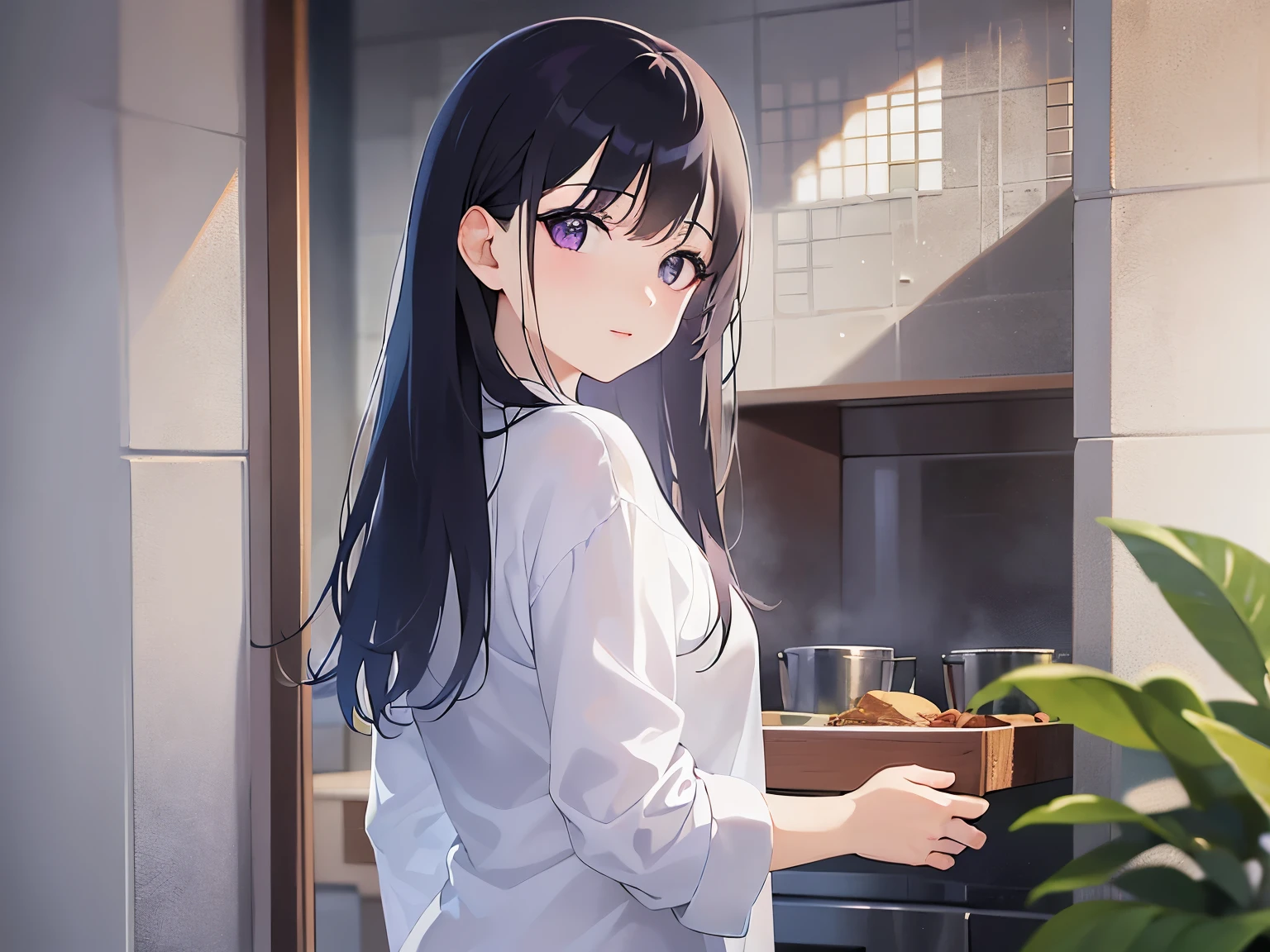 look back、Realistic, real person, (pale skin: 1.2), RAW photo, photorealistic, portrait photography, shiny skin, japanese idol、shiny hair、(25 year old woman with straight medium hair with bangs) and (black hair) and (purple eyes) , wearing a white T-shirt、 smile, The background is the kitchen、Alone、cooking
