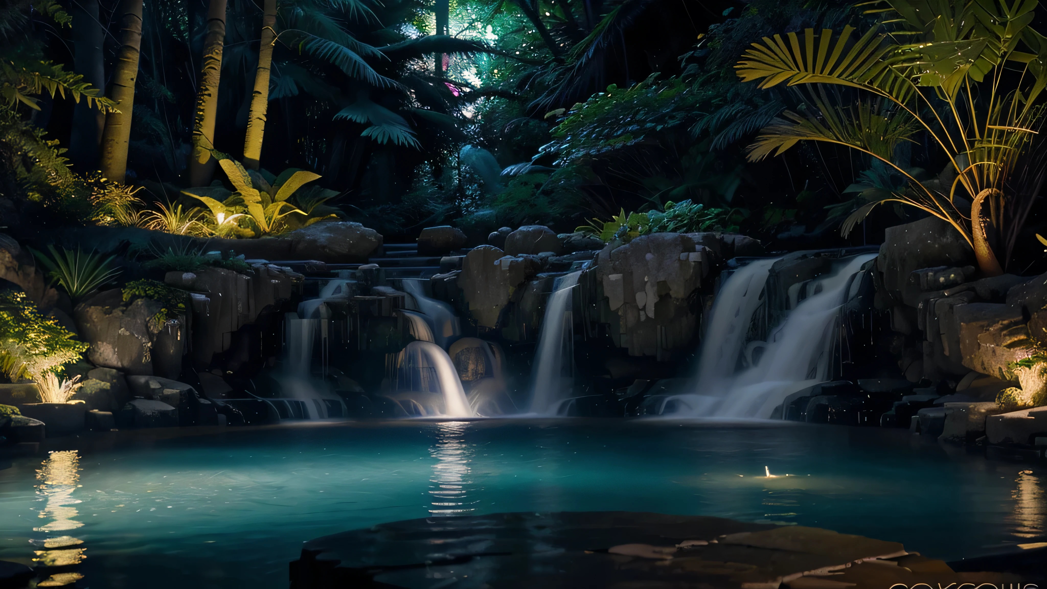 Create an image featuring a majestic waterfall cascading into a luminescent pool within a bioluminescent night forest. The water glows with a light of its own, mixing with the colors of the surrounding flora to create a spectacular spectrum of light. The surrounding vegetation, from towering trees to delicate ferns, is aglow, casting reflections in the shimmering pool. The scene should be peaceful yet awe-inspiring, capturing the harmonious blend of water and light in a setting untouched by time.
