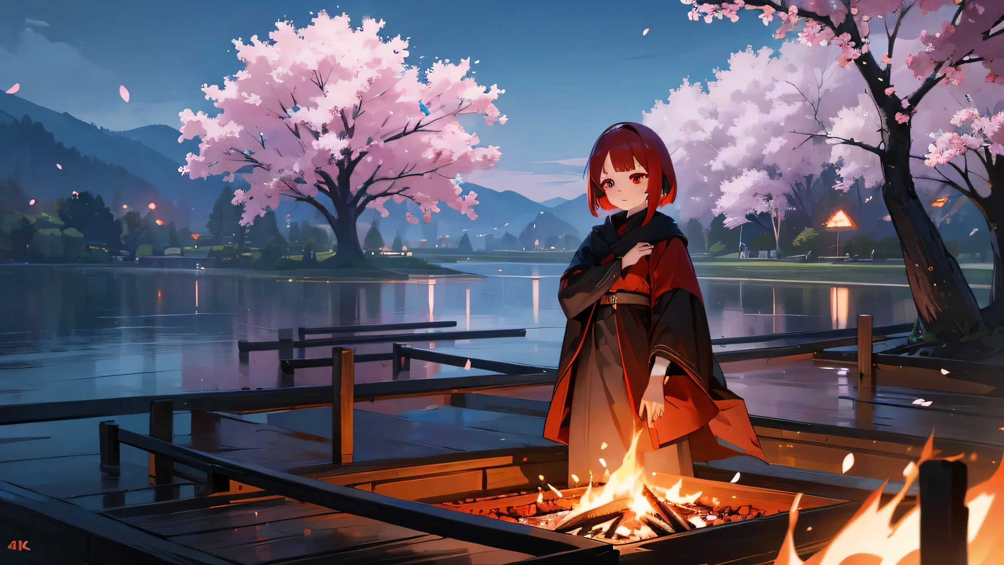 pretty girl、redhead、bob、red eyes、High resolution、4k、8K、cherry blossoms、bonfire、camp、spectacular scenery、anatomically correct、sorrow、night、Whimsical