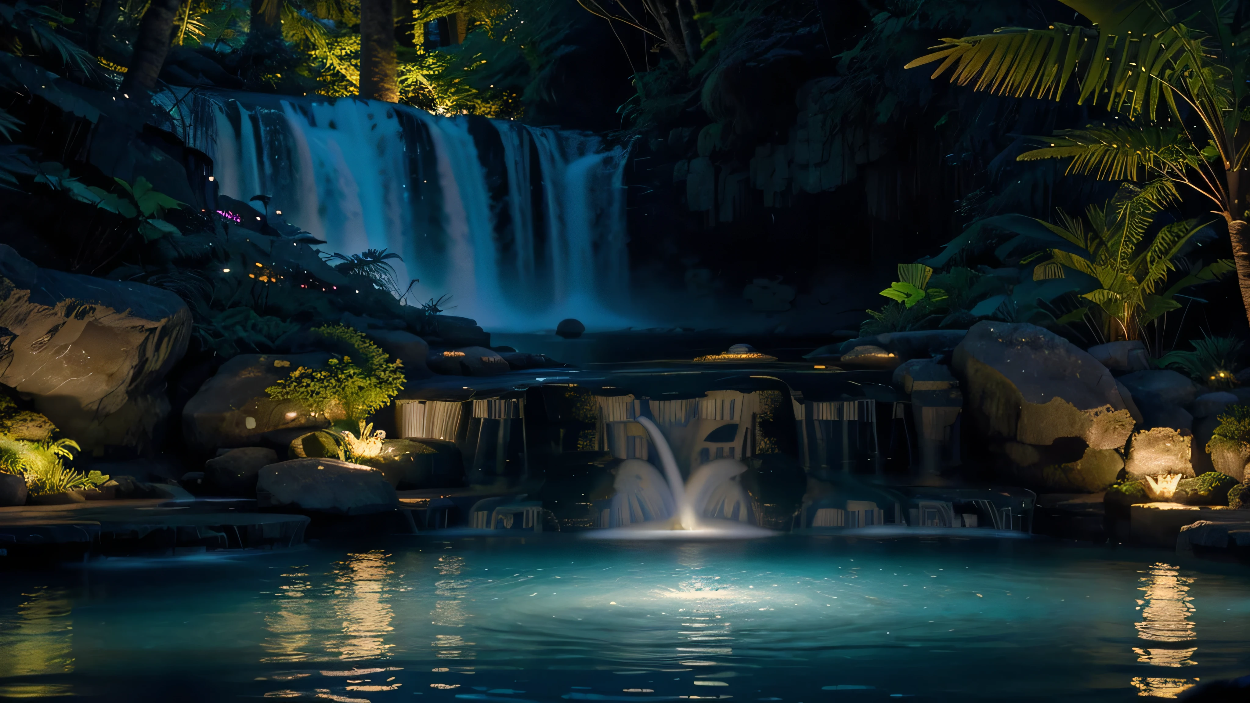 Create an image featuring a majestic waterfall cascading into a luminescent pool within a bioluminescent night forest. The water glows with a light of its own, mixing with the colors of the surrounding flora to create a spectacular spectrum of light. The surrounding vegetation, from towering trees to delicate ferns, is aglow, casting reflections in the shimmering pool. The scene should be peaceful yet awe-inspiring, capturing the harmonious blend of water and light in a setting untouched by time.