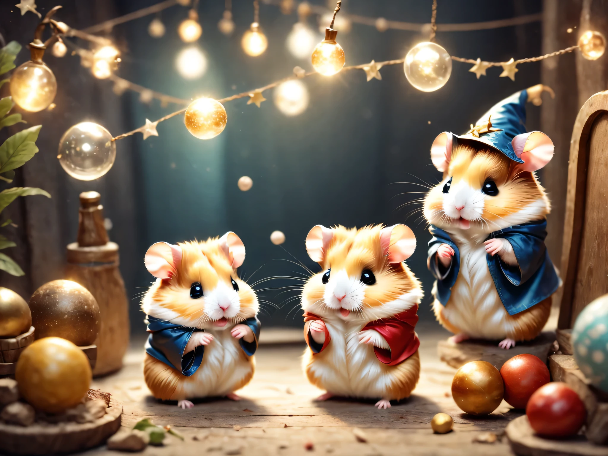 魔法で戦うhamster,(hamsterウィザード:wizard&#39;s clothes:wizard&#39;s wand:wizard&#39;s hat:detailed),Use of magic,magic effect,,Optics,Colorful,masterpiece,highest quality,Fluffy hamsters,all displayed,Chibi,cute,超fun,fun,anatomically correct,The cutest hamster,,hamster,