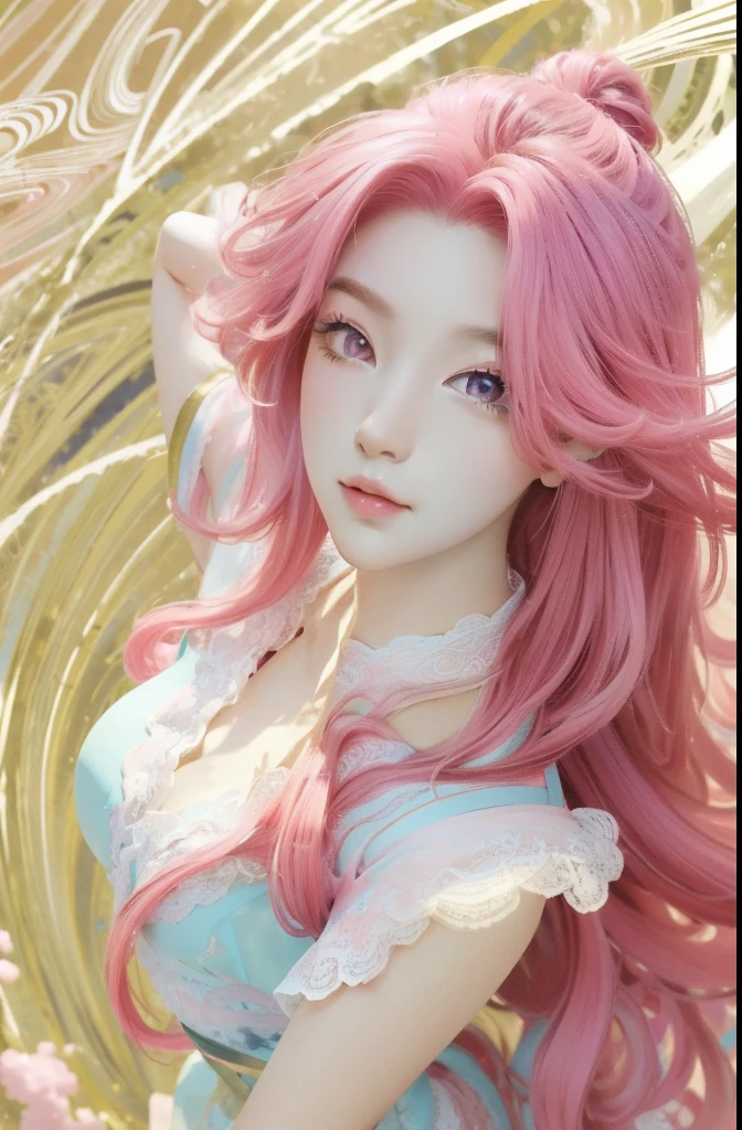 ((masterpiece:1.2, best quality)), super detailed, Super accurate depiction, super detailed的描绘, (Tangled:1.2), (dynamic poses), (abstract background:1.5), wavy long hair, pink hair, 1 lace girl, Pink transparent lace colorful, portrait, (from above:1.2)