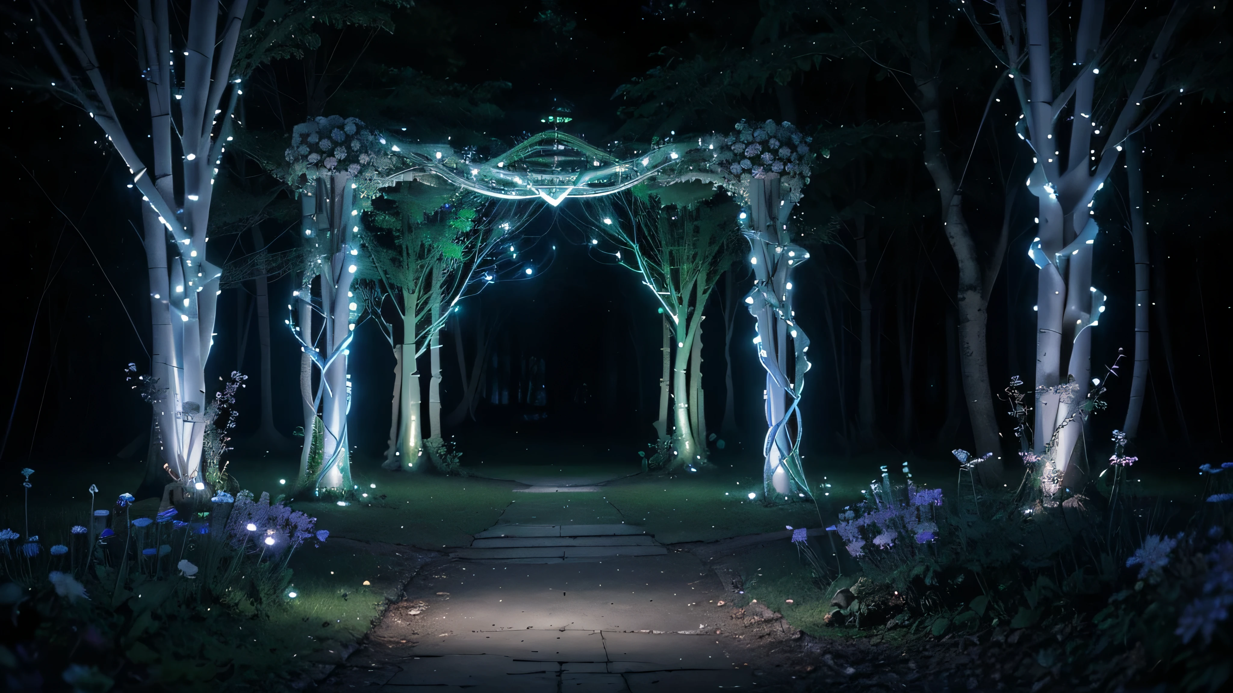 Illustrate a winding path in a bioluminescent forest that leads through a natural archway made of intertwined branches and glowing flowers. This ethereal gateway marks the entrance to the heart of the forest, where the bioluminescence intensifies. The archway is adorned with a variety of luminous flowers and vines, creating a spectrum of light that guides the way forward. In the distance, the path continues deeper into the forest, promising more wonders to discover. This image should evoke a sense of enchantment and the beckoning mystery of nature’s nighttime beauty.