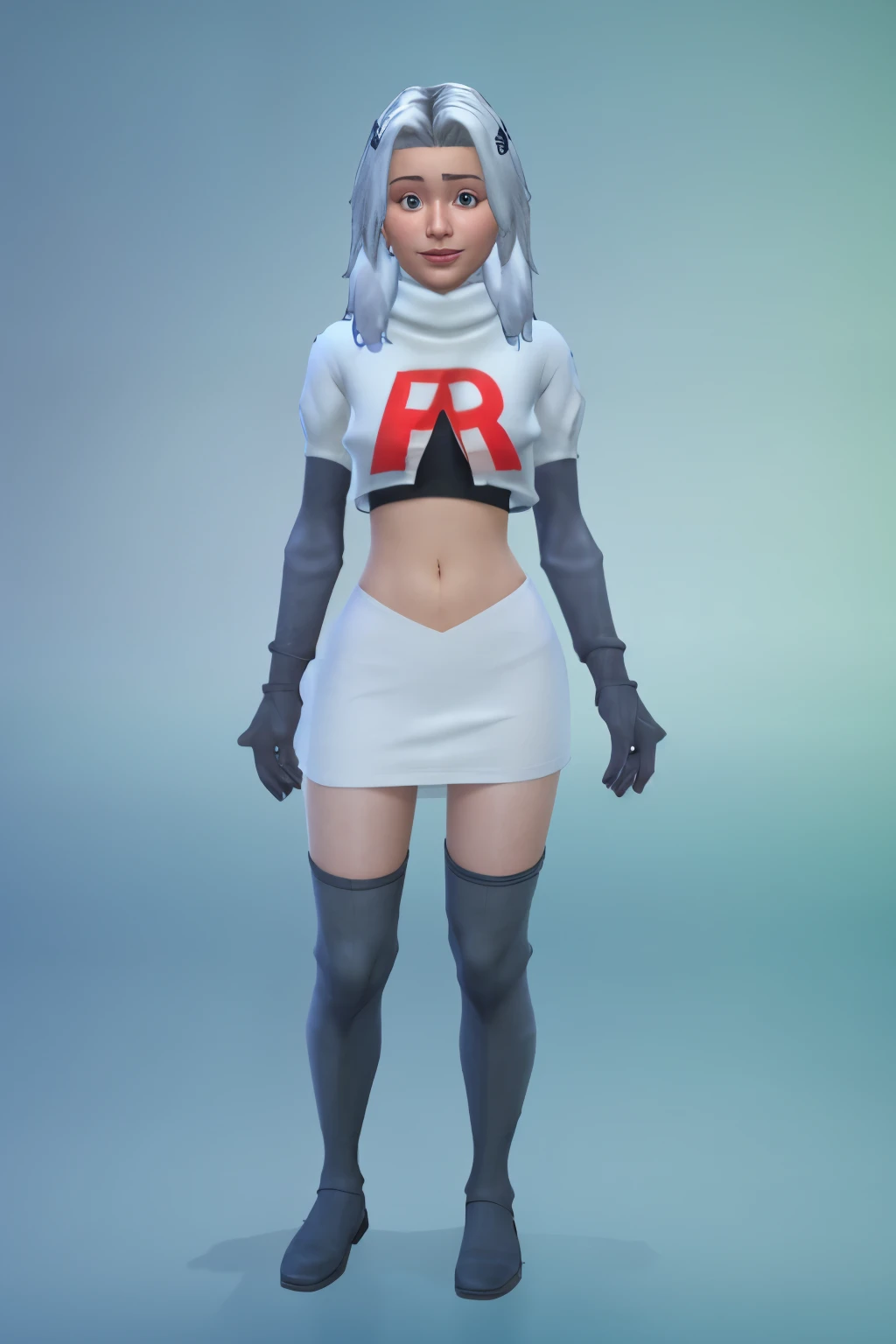 simscas, front view, a woman standing, white skin, european, fit, flat background, outfit-me, team rocket,team rocket uniform, red letter R, white skirt,white crop top,black thigh-highs,black elbow gloves