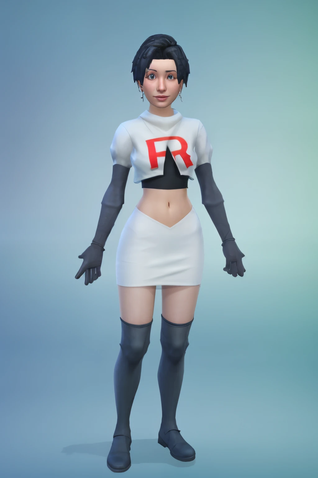 simscas, front view, a woman standing, white skin, european, fit, flat background, outfit-me, team rocket,team rocket uniform, red letter R, white skirt,white crop top,black thigh-highs,black elbow gloves