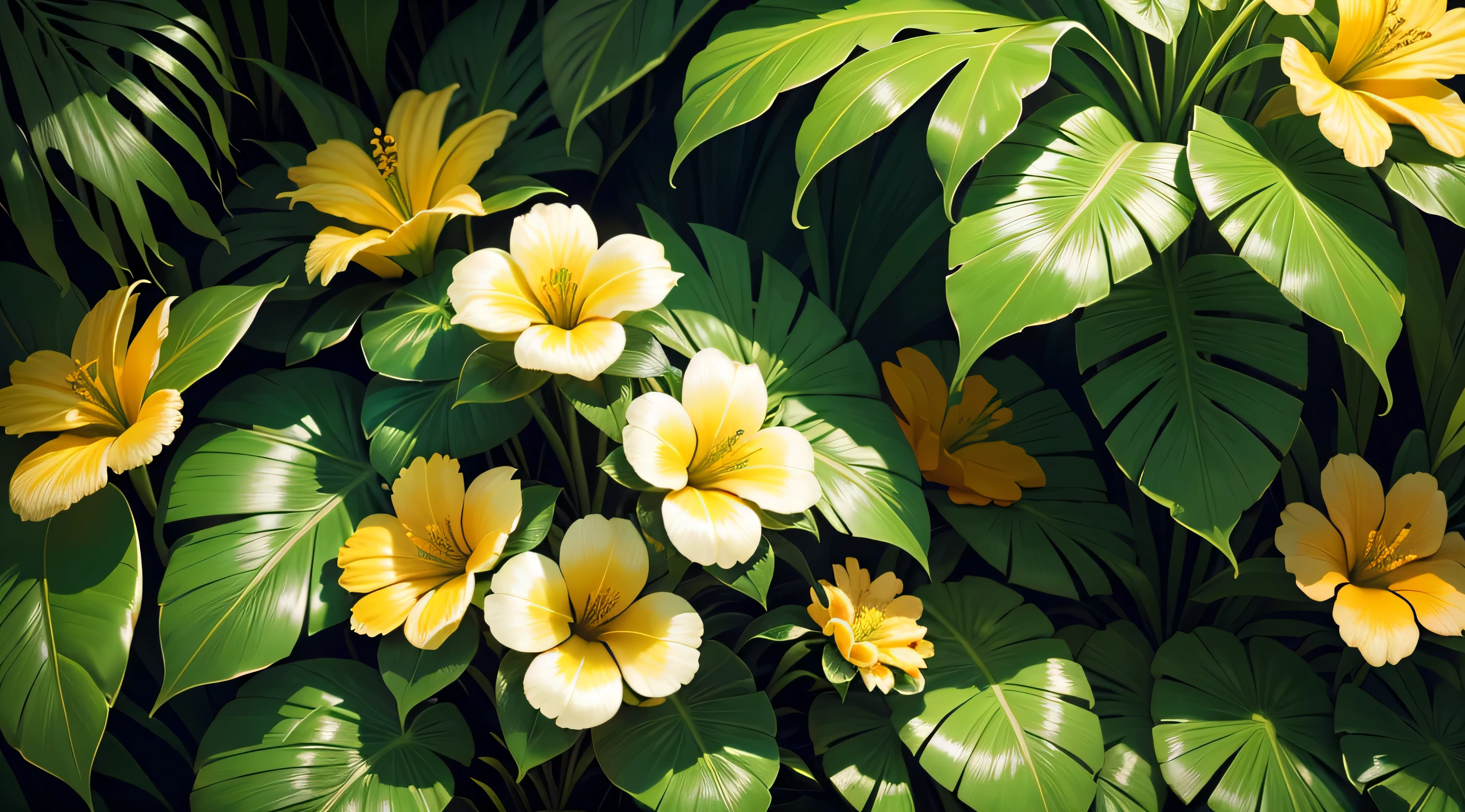 Tropical foliage and flower background, tropical flower plants, tropical plants and flowers, beautiful tropical flowers, colorful tropical plants, blooming tropical flowers, Tropical plants, lush garden leaves and flowers, tropical flowers, tropical background, detailed digital illustration, photorealistic print of exotic, tropical foliage, subtropical flowers and plants, Tropical leaves, matte digital illustration, tropical atmosphere, detailed beautiful plants, contrast color, many flowers