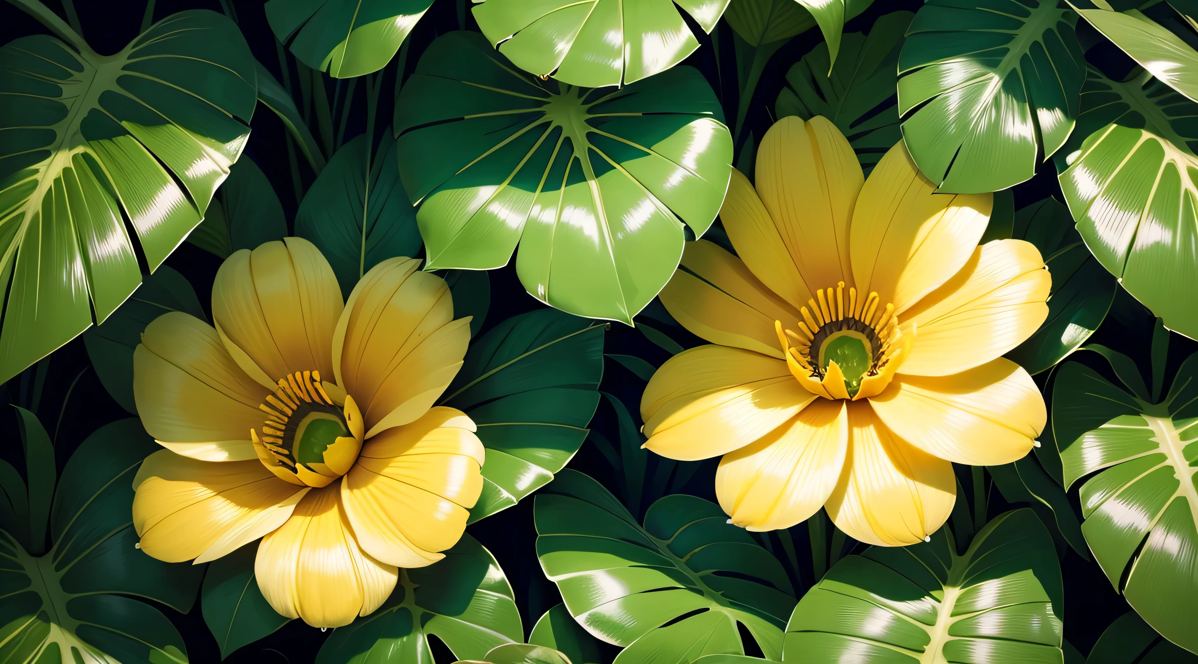Tropical foliage and flower background, tropical flower plants, tropical plants and flowers, beautiful tropical flowers, colorful tropical plants, blooming tropical flowers, Tropical plants, lush garden leaves and flowers, tropical flowers, tropical background, detailed digital illustration, photorealistic print of exotic, tropical foliage, subtropical flowers and plants, Tropical leaves, matte digital illustration, tropical atmosphere, detailed beautiful plants, contrast color, many flowers