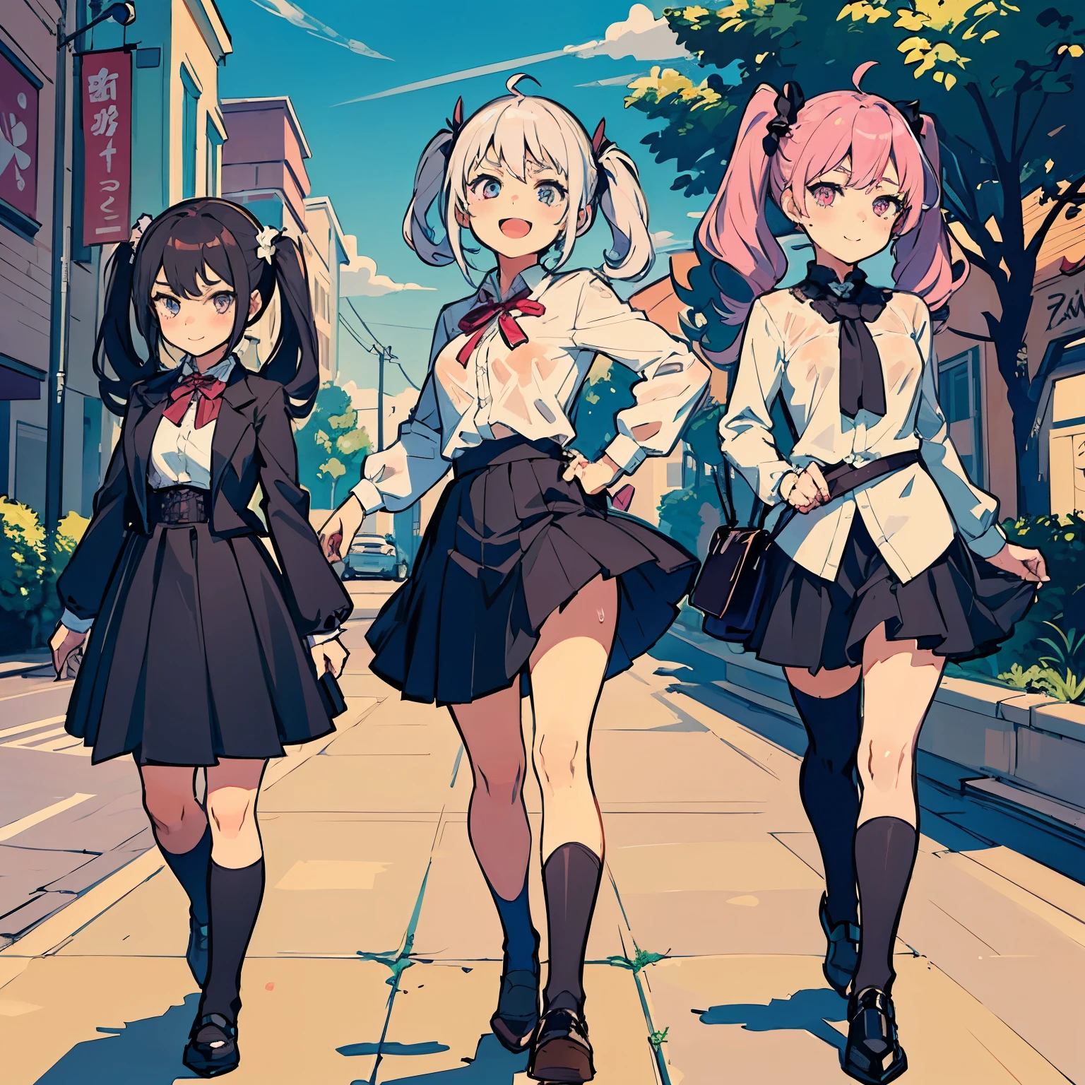 4 Girls with pink hair, long twintail hairstyle, small bushy eyebrows, wearing gothic ****ta clothing, (Zankuro) drawing style by zankuro artist, Zancrow style, image uploaded to R34, walking to school, flirty smile, , lifting her skirt to show her vagina wet with semen