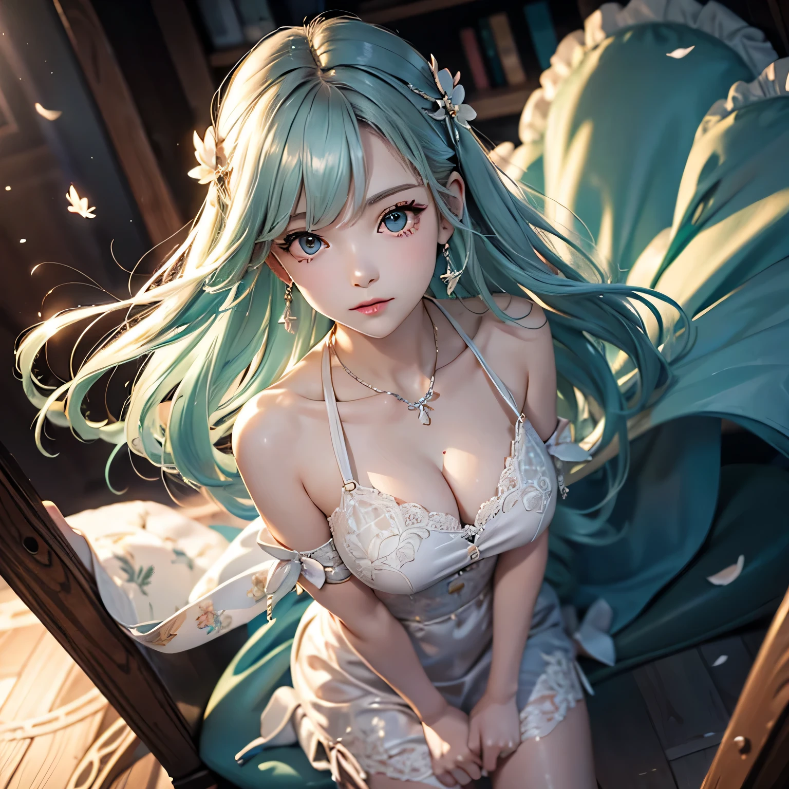 high angle,From above,(1 girl), ((masterpiece:1.4, highest quality)), ((masterpiece, highest resolution)), (beautiful illustrations),(Beautiful medium-long silver-green hair),cute office lady,  (Elegant mini dress with flower print), (looking at the viewer),
 innocent smile, white over knee high,lace chalk, Wristband, fingerless gloves, over knee high,
lace chalk, diamond necklace,Wristband, fingerless gloves, earrings,
Day, the wind is strong,cinematic lighting, red light district,