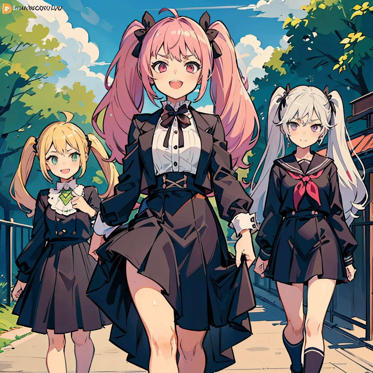 4 Girls with pink hair, long twintail hairstyle, small bushy eyebrows, wearing gothic ****ta clothing, (Zankuro) drawing style by zankuro artist, Zancrow style, image uploaded to R34, walking to school, flirty smile, , lifting her skirt to show her vagina wet with semen