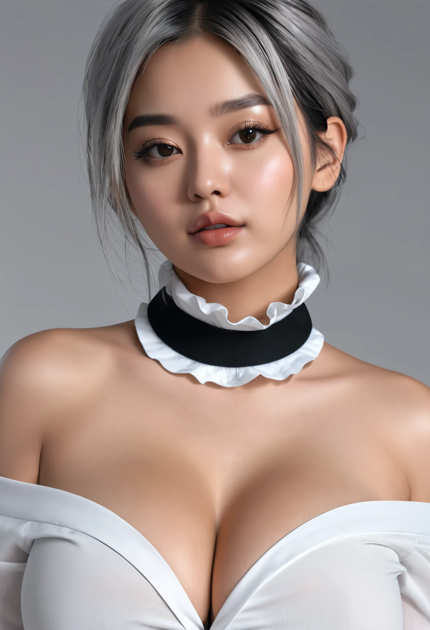 best quality, ultra high res, (photorealistic:1.4), 1girl, off-shoulder white shirt, black tight skirt, black choker, (faded ash gray hair:1), (huge breasts:1.2), looking at viewer, closeup , uncensored,nude