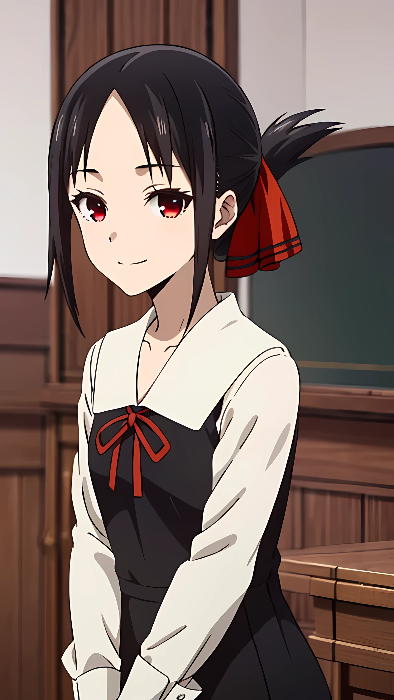 ((Masterpiece)) (Best quality) Beautiful detailed eyes) (Very detailed) (Meticulously detailed) 2D, beautiful 2D art,
Shinomiya Kaguya,
1girl, Single, Closed mouth, Slight smile,
Black hair, Red eyes, short hair, Pleated ponytail, Hair bar,
, Black Dress, long sleeves, Red tape,
Acquaintance, Looking at the scenes,
Classroom, upper body