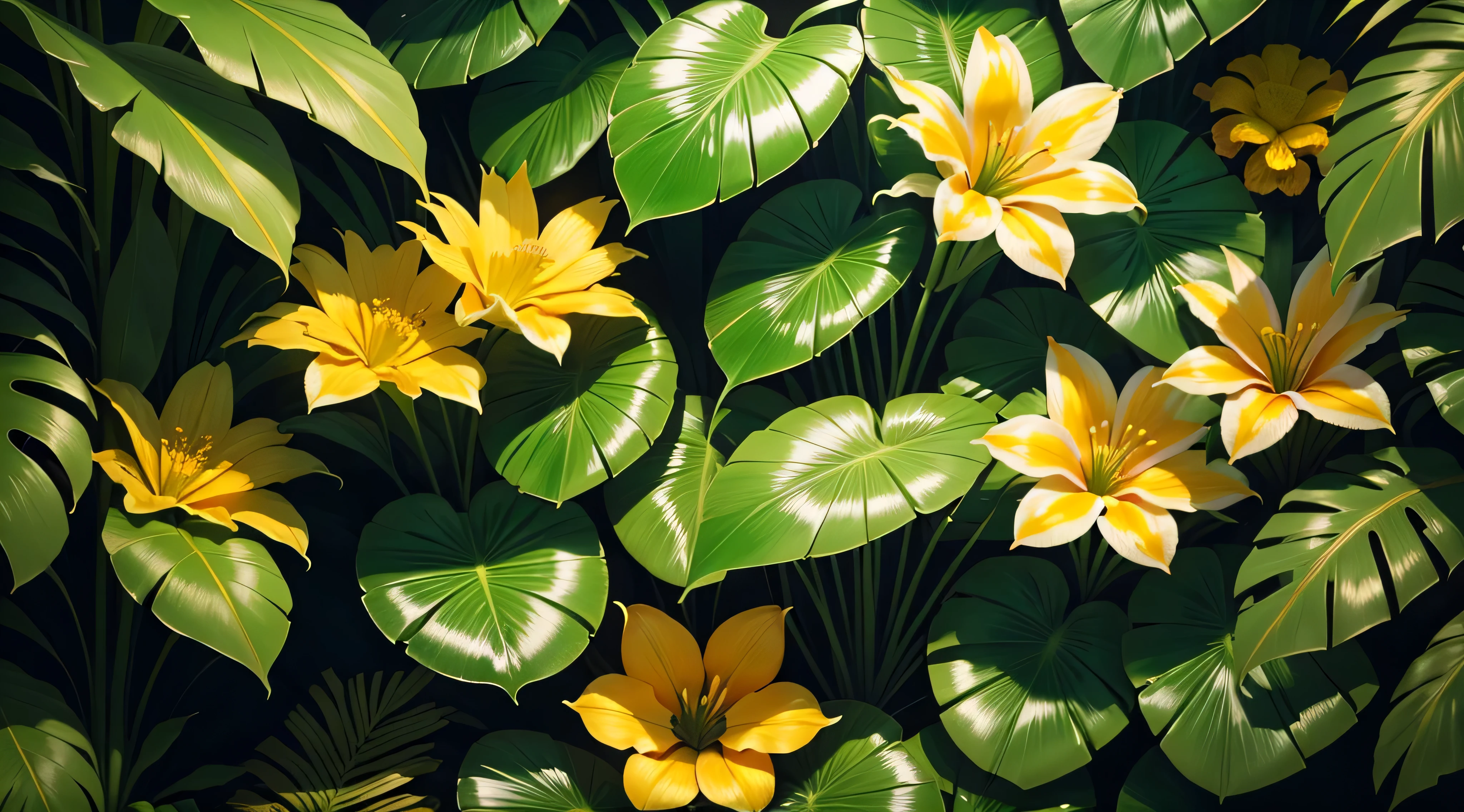 Tropical foliage and flower background, tropical flower plants, tropical plants and flowers, beautiful tropical flowers, colorful tropical plants, blooming tropical flowers, Tropical plants, lush garden leaves and flowers, tropical flowers, tropical background, detailed digital illustration, photorealistic print of exotic, tropical foliage, subtropical flowers and plants, Tropical leaves, matte digital illustration, tropical atmosphere, detailed beautiful plants, contrast color, many flowers