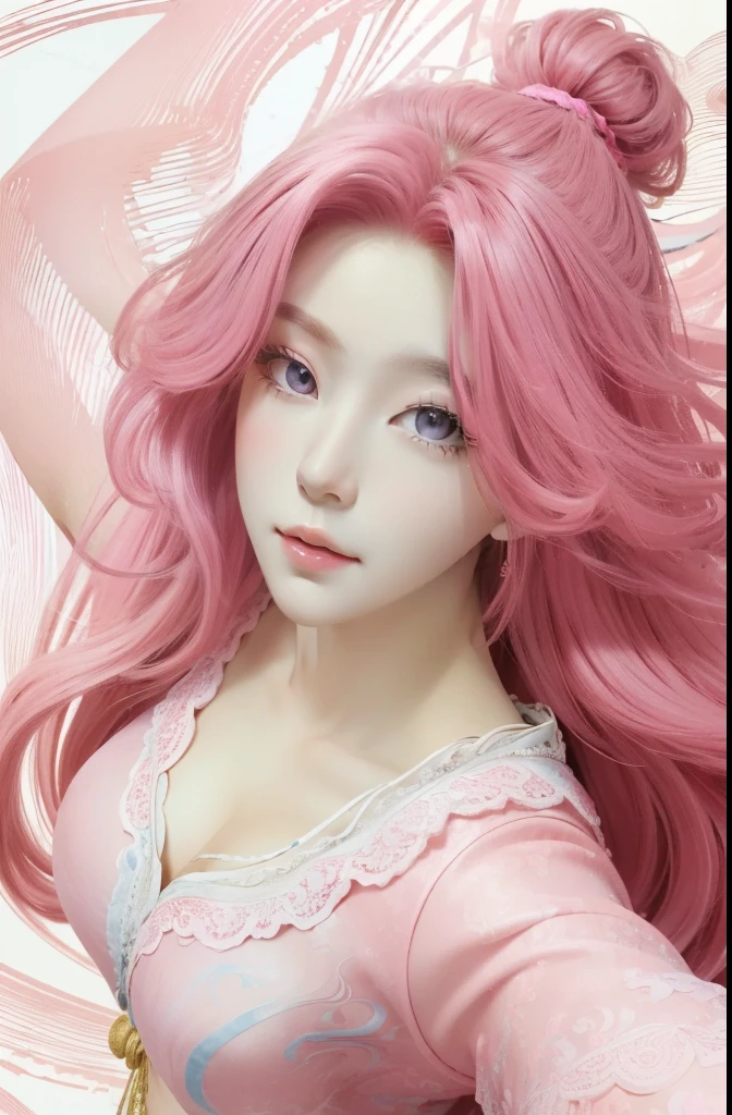 ((masterpiece:1.2, best quality)), Ultra Detailed, Ultra-precise depiction, Ultra Detailed的描绘, (Tangled:1.2), (Dynamic poses), (Abstract Background:1.5), Long wavy hair, Pink Hair, 1 Lace Girl, Pink transparent lace colorful, portrait, (from above:1.2)