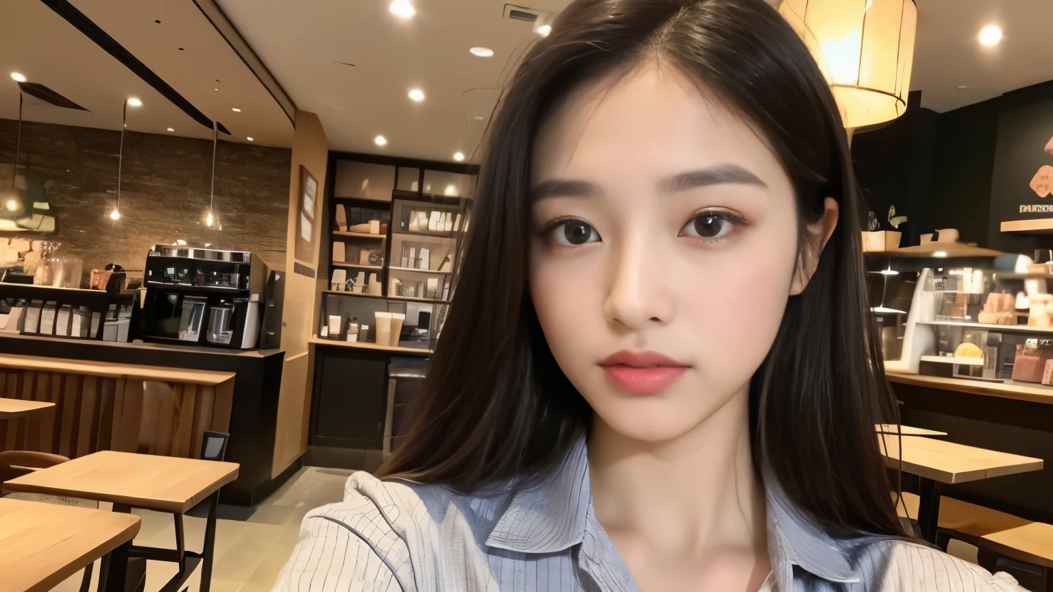 ((highest quality、8K、masterpiece:1.3))、sharp focus:1.2、Beautiful Japanese idol with perfect body:1.4、(Inside the Starbucks store:1.2)、Highly detailed face and skin texture、 detailed eye、double eyelid、tanned skin、tanned wheat-colored skin,