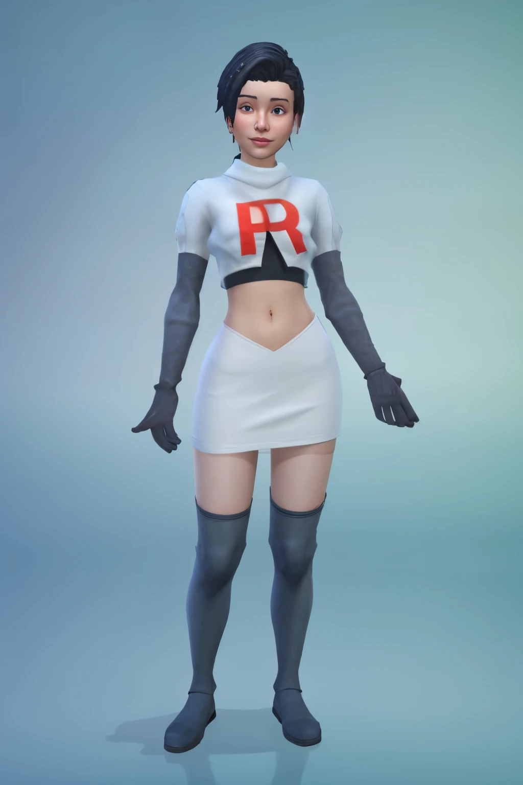 simscas, front view, a woman standing, white skin, european, fit, flat background, outfit-me, team rocket,team rocket uniform, red letter R, white skirt,white crop top,black thigh-highs,black elbow gloves
