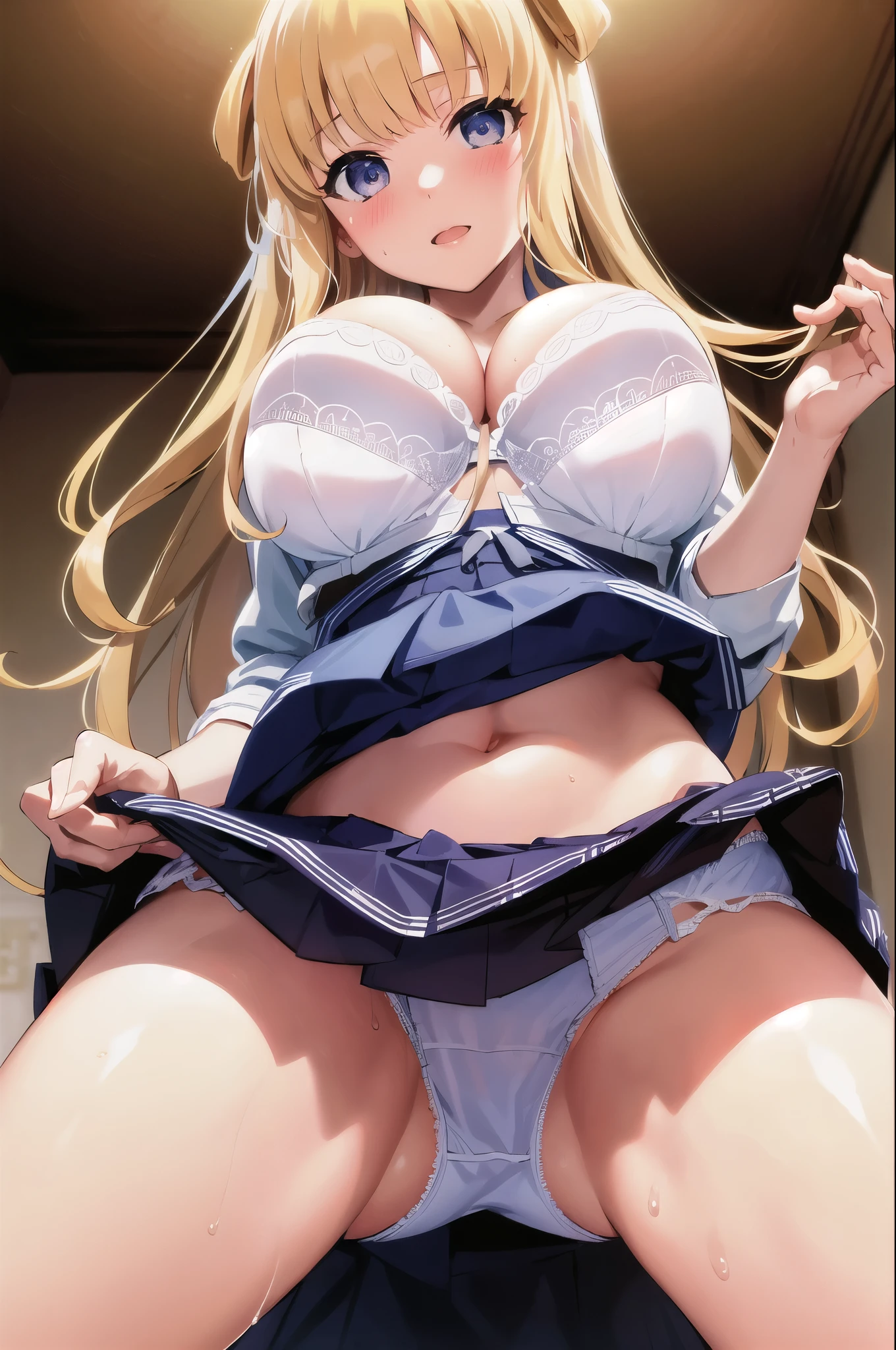 Fletcher, 1 girl, blue skirt, The cleavage is open, big breasts, (from below:1.2), bent down, blush, highest quality, masterpiece, perfect lighting, panties,bra,((nsfw)),skirt lift,shirt lift