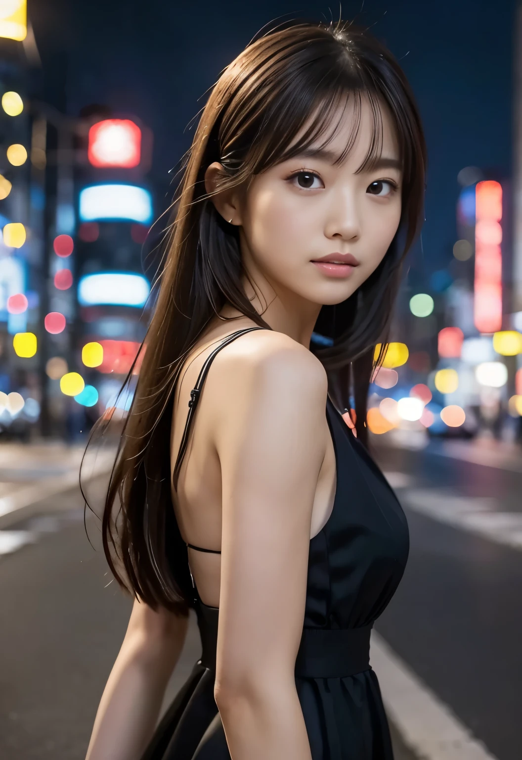 (((City of night:1.3, outdoor,Photographed from the front))), ((long hair:1.3, black dress,japanese woman, cute)), (clean, natural makeup), (highest quality, masterpiece:1.3, 超High resolution), (Super detailed, caustics), (realistic:1.4, RAW shooting), very detailed, High resolution, 16K resolution
