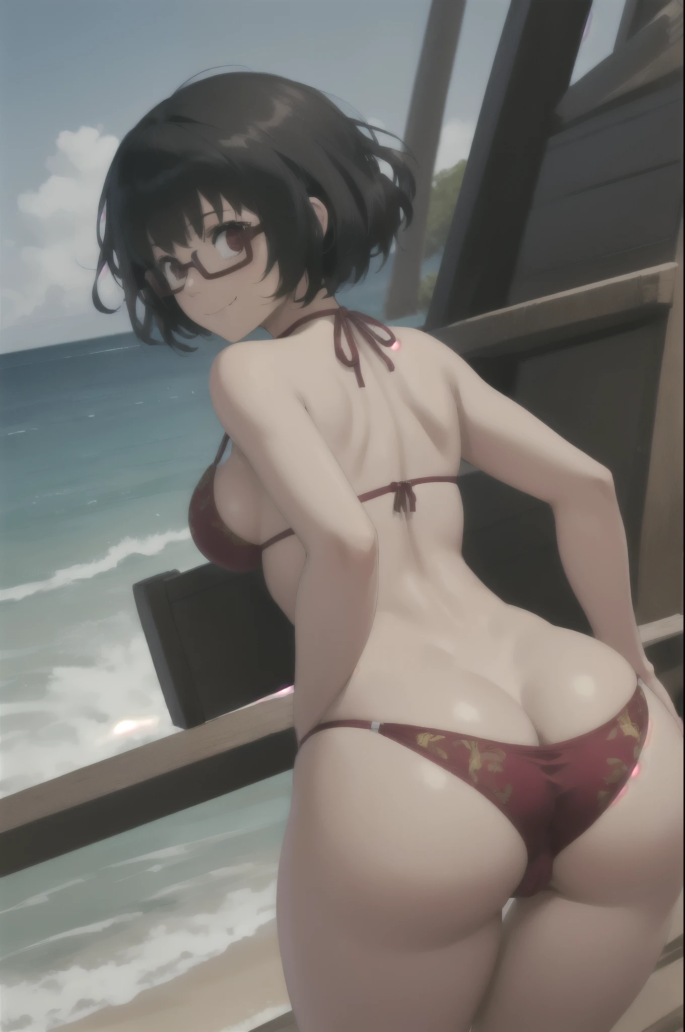 ((best quality)),((highly detailed)),masterpiece,absurdres,detailed face,beautiful face,(detailed eyes, deep eyes),1girl,((dynamic pose)),  Sally, solo, glasses, black hair, red eyes, smile, looking at viewer, under-rim eyewear, semi-rimless eyewear, short hair, huge breasts, big breasts, bikini, full frame, sunny day, at beach, bent over, thong, wedgie, pussy cameltoe, big ass, back pov, rear pov, view from back