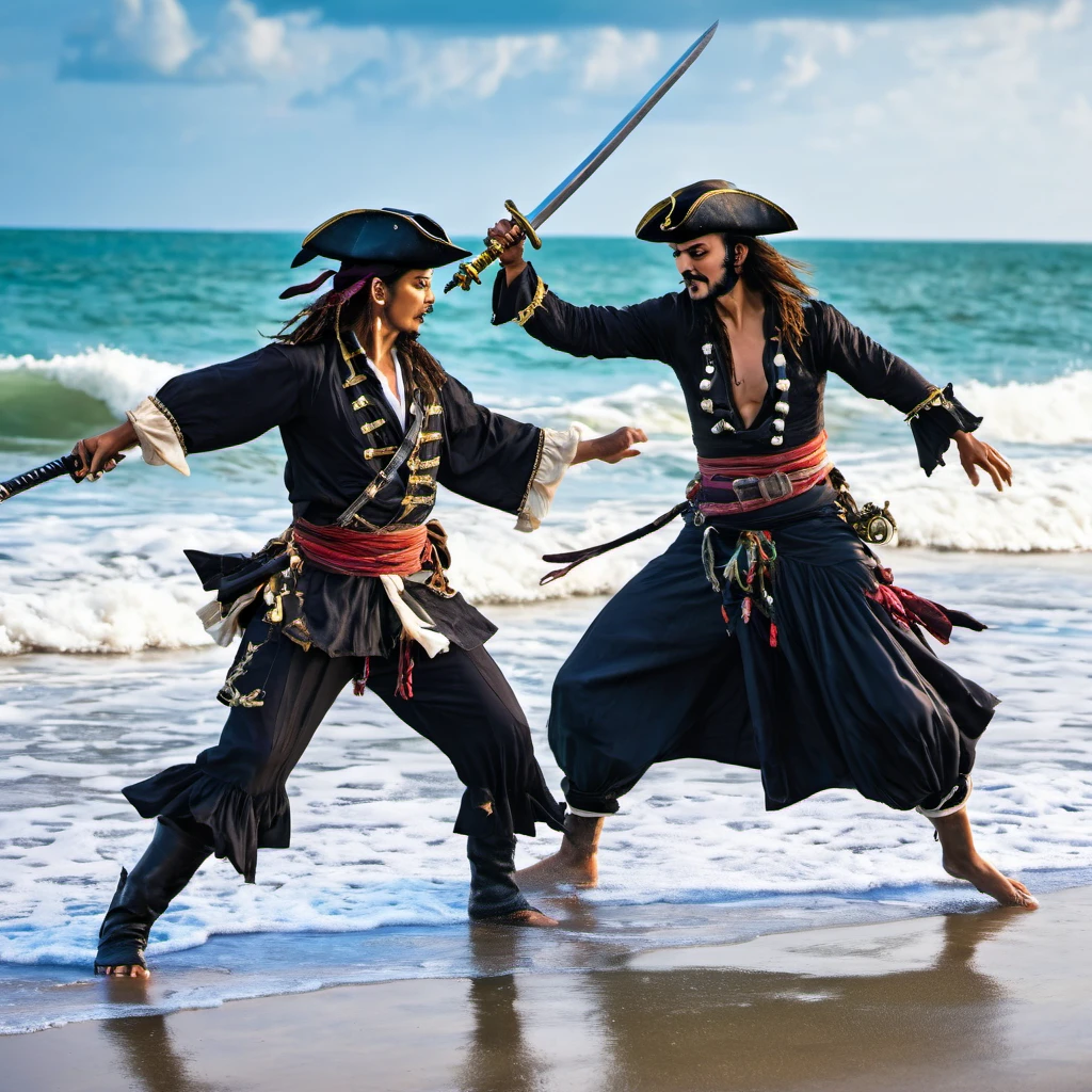 Some fantasy pirates are practicing swordplay on the beach, the tide is rolling in making it look like they are dancing on the sea