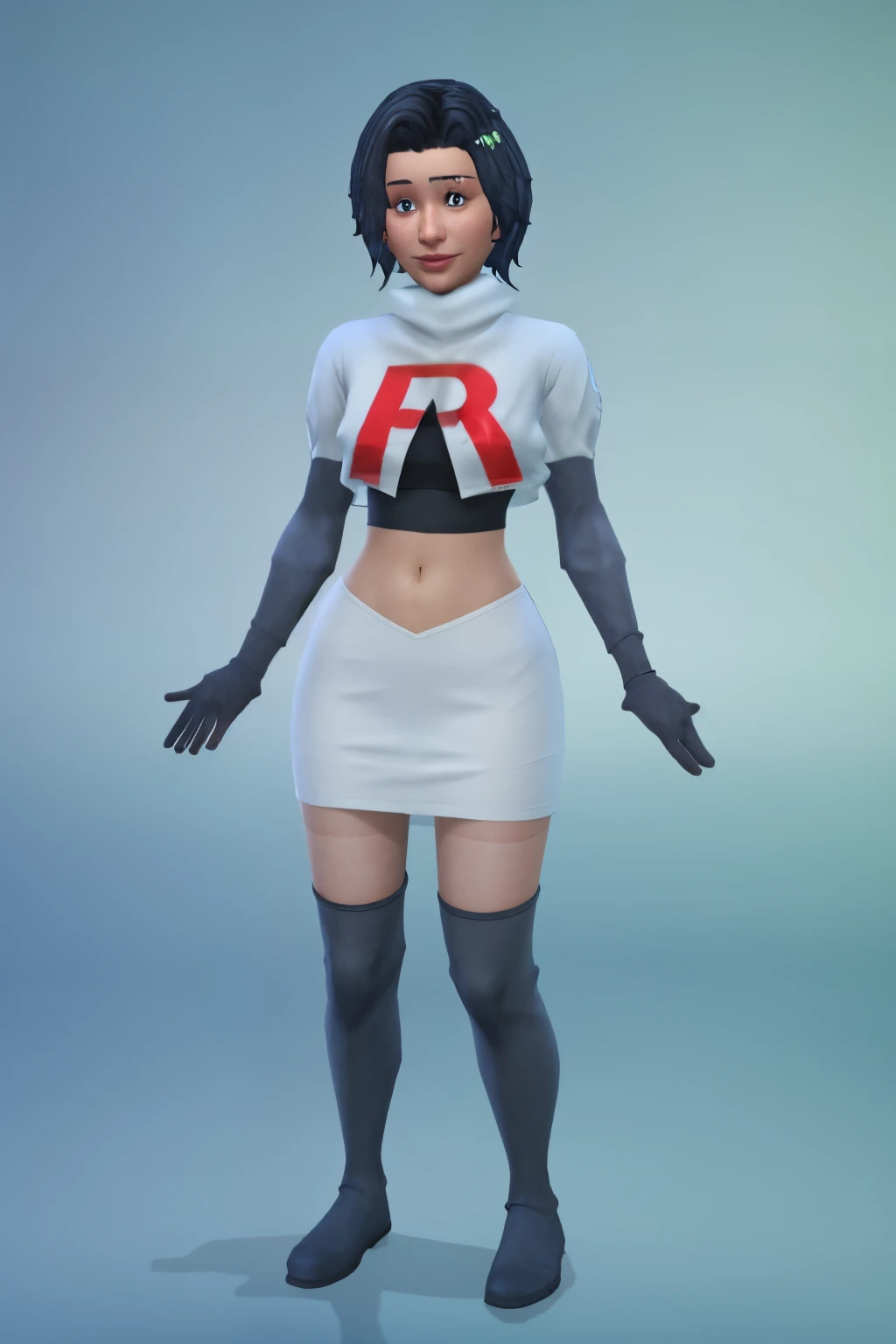 simscas, front view, a woman standing, white skin, european, fit, flat background, outfit-me, team rocket,team rocket uniform, red letter R, white skirt,white crop top,black thigh-highs,black elbow gloves
