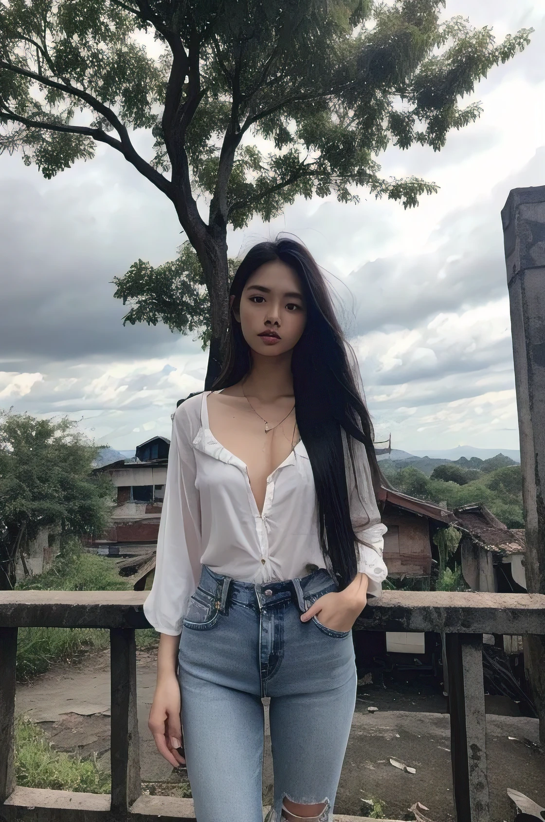 thai woman, look at the viewer, long hair, shirt, jeans, cloud, day, sky,on open air, post apocalypse, devastation, landscape, tree, water,