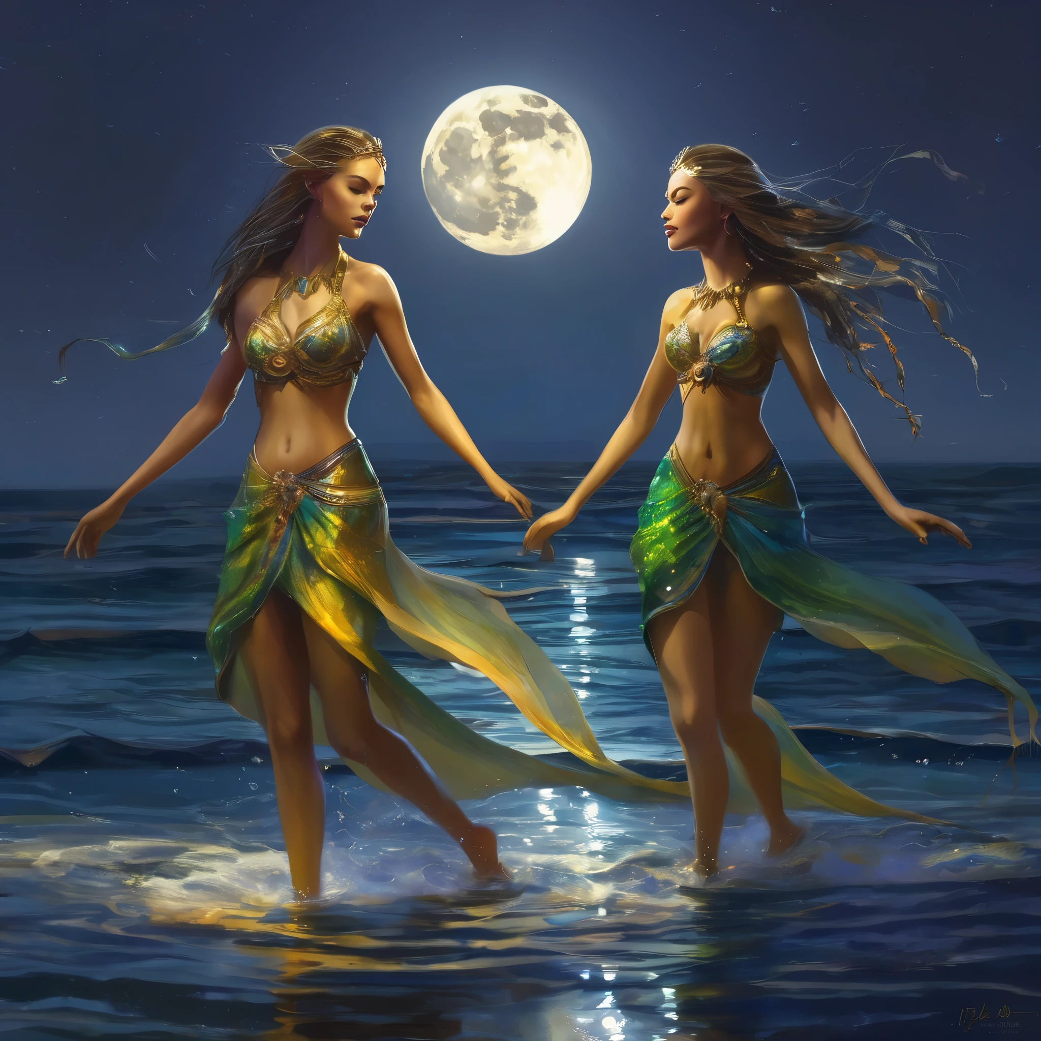 A pair of gorgeous, sinewy, sea elf women (age 30). sing and dace on the surface of the ocean u moonlight.