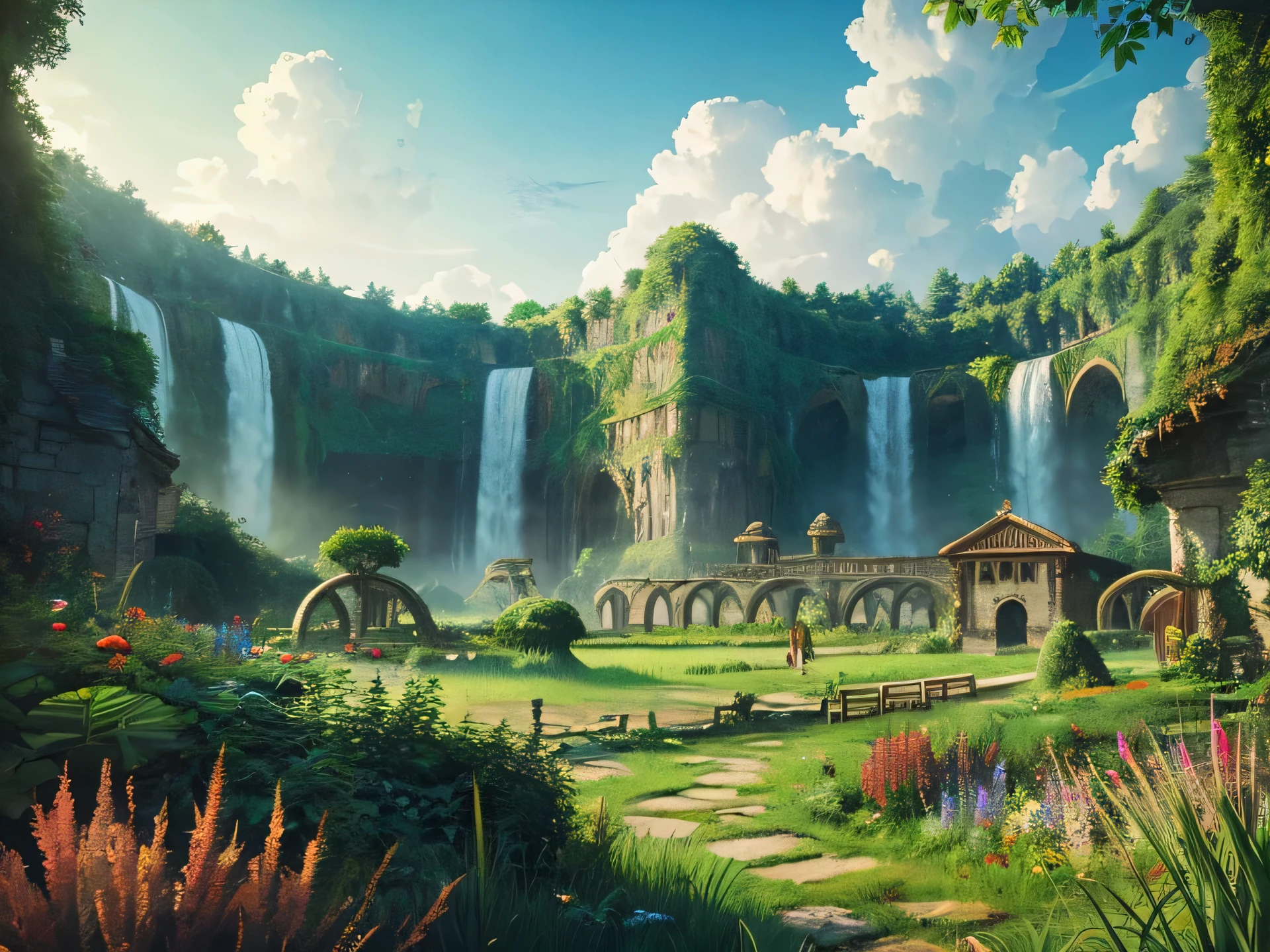 Ruins surrounded by greenery,A place that once flourished,Otherworldly atmosphere,Majestic nature,sunny,Calm air,illustration style,A morning where an adventure seems to begin
