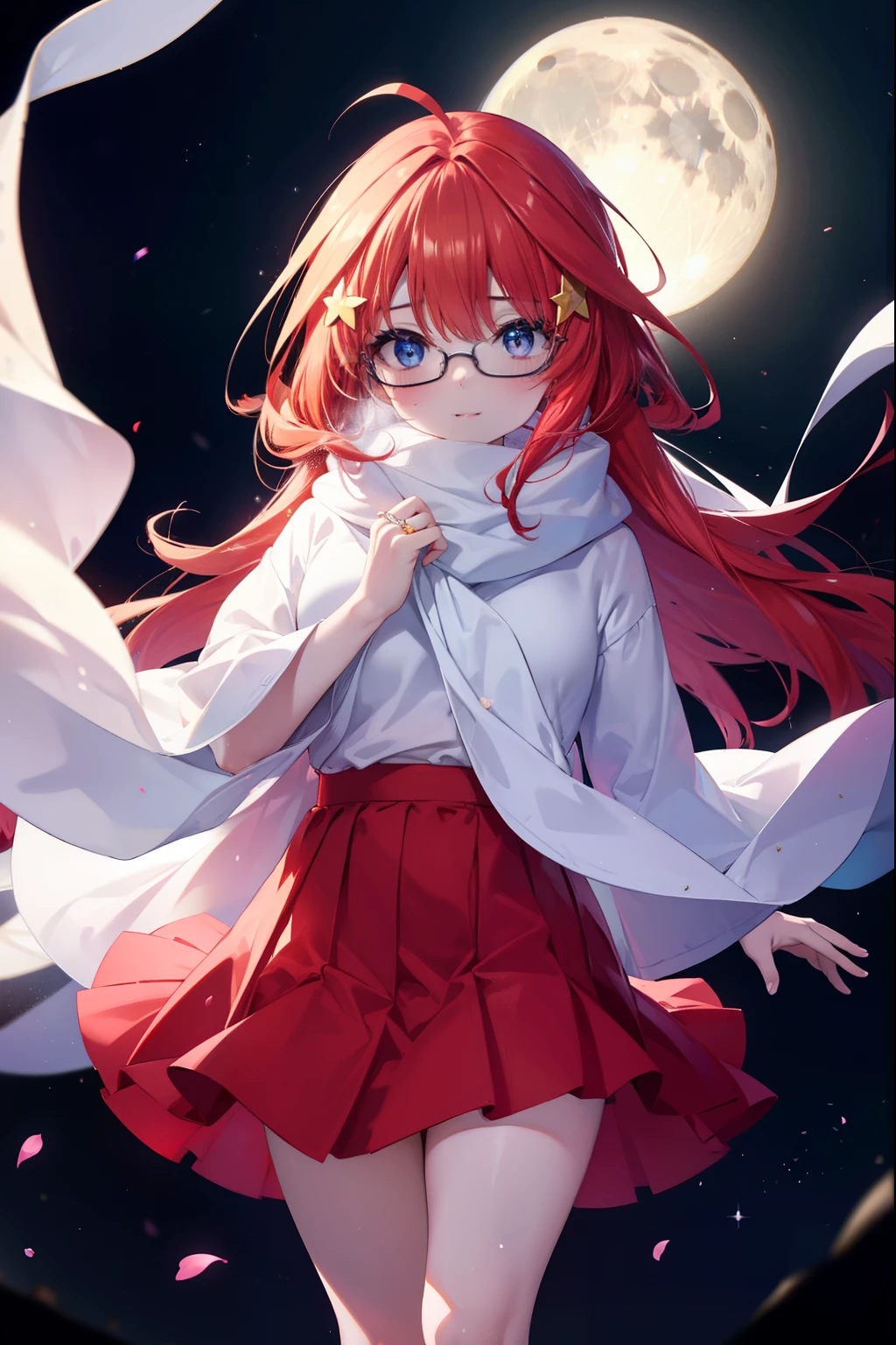 中野 五moon, itsuki nakano, bangs, blue eyes, hair between eyes, Ahoge, redhead, star \(symbol\), hair ornaments, star hair ornaments,smile,blush,oversized red long coat,scarf,white sweater,long skirt,short boots,Black Abyss glasses,She wears a wedding ring on her left ring finger,place your left hand, It has a wedding ring, On your chest,tears of joy,close both eyes, smile,happy atmosphere,night,moon,moon光
壊す outdoors, destroy the illumination (masterpiece:1.2), highest quality, High resolution, unity 8k wallpaper, (shape:0.8), (beautiful and detailed eyes:1.6), highly detailed face, perfect lighting, Very detailed CG, (perfect hands, perfect anatomy),