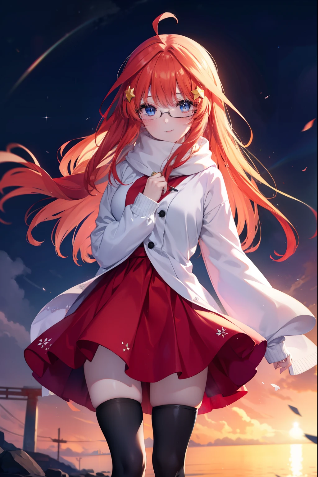 中野 五moon, itsuki nakano, bangs, blue eyes, hair between eyes, Ahoge, redhead, star \(symbol\), hair ornaments, star hair ornaments,smile,blush,oversized red long coat,scarf,white sweater,long skirt,short boots,Black Abyss glasses,She wears a wedding ring on her left ring finger,place your left hand, It has a wedding ring, On your chest,tears of joy,close both eyes, smile,happy atmosphere,night,moon,moon光
壊す outdoors, destroy the illumination (masterpiece:1.2), highest quality, High resolution, unity 8k wallpaper, (shape:0.8), (beautiful and detailed eyes:1.6), highly detailed face, perfect lighting, Very detailed CG, (perfect hands, perfect anatomy),