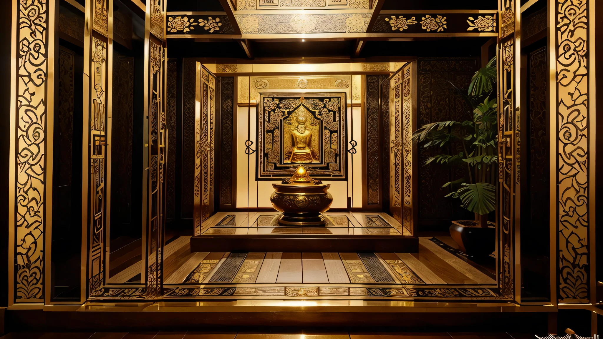 Gold frame, black filling, sparkling effect, ancient pictures designed with Thai patterns, an exquisitely decorated Thai courtyard. Conveying the story of Buddha's life, the gold-inlaid pattern beautifully describes the fascinating story of the Lord Buddha. From the decision to renounce worldly life to enlightenment. Conveying valuable teachings to humanity
