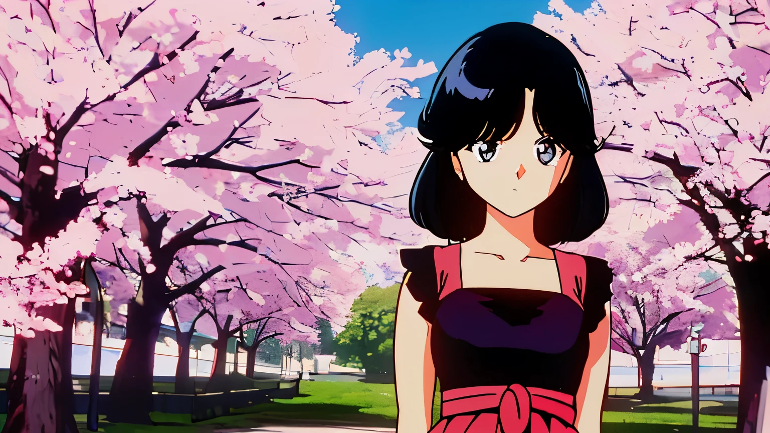 1980s, 1980sのアニメ風テイスト, black-haired girl in , Standing in front of a cherry tree, Cherry blossoms are dancing in the air,